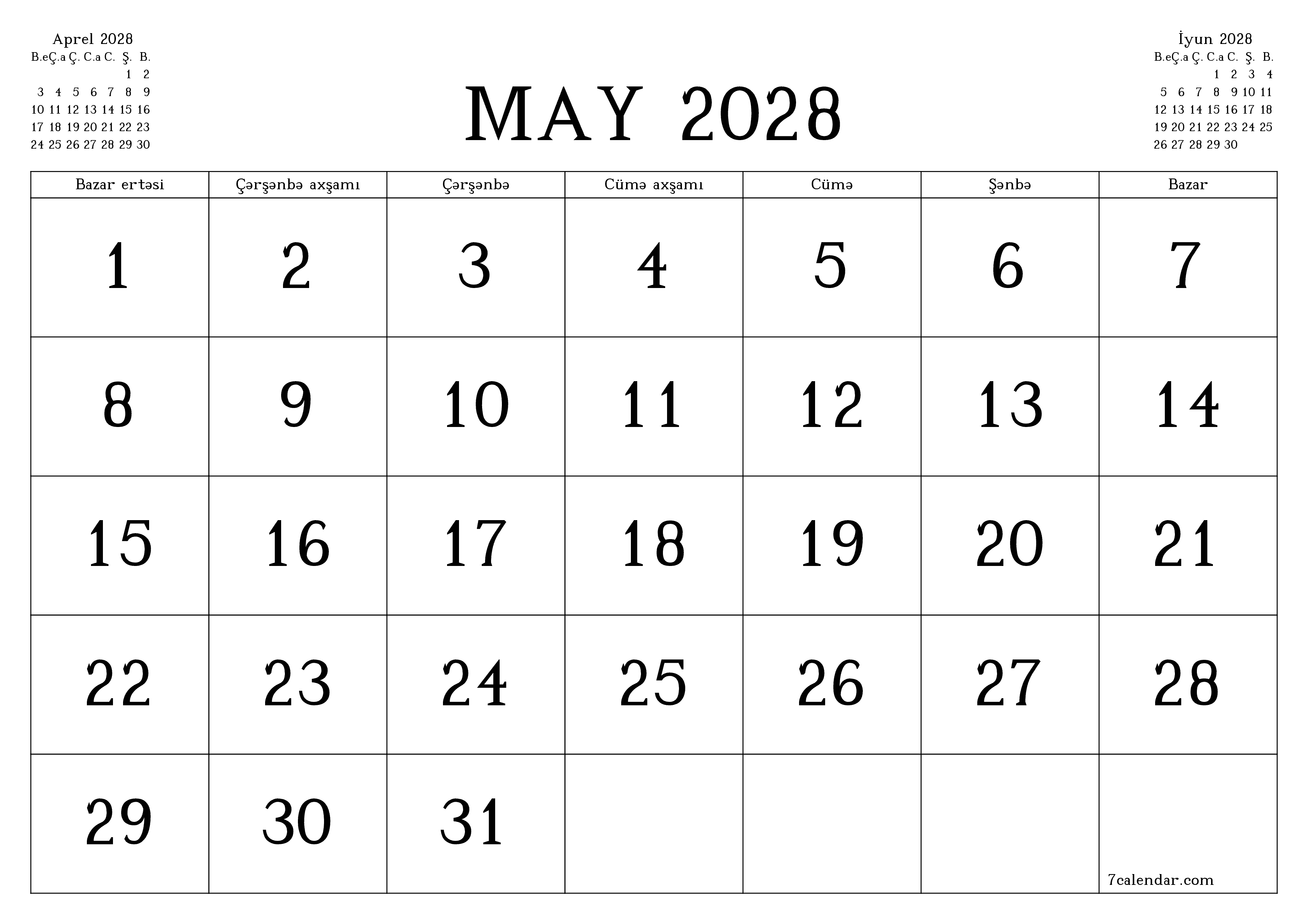 May 2028 ayı üçün qeydlər ilə boş aylıq planlayıcı, qeyd edin və PDF-ə yazdırın PNG Azerbaijani