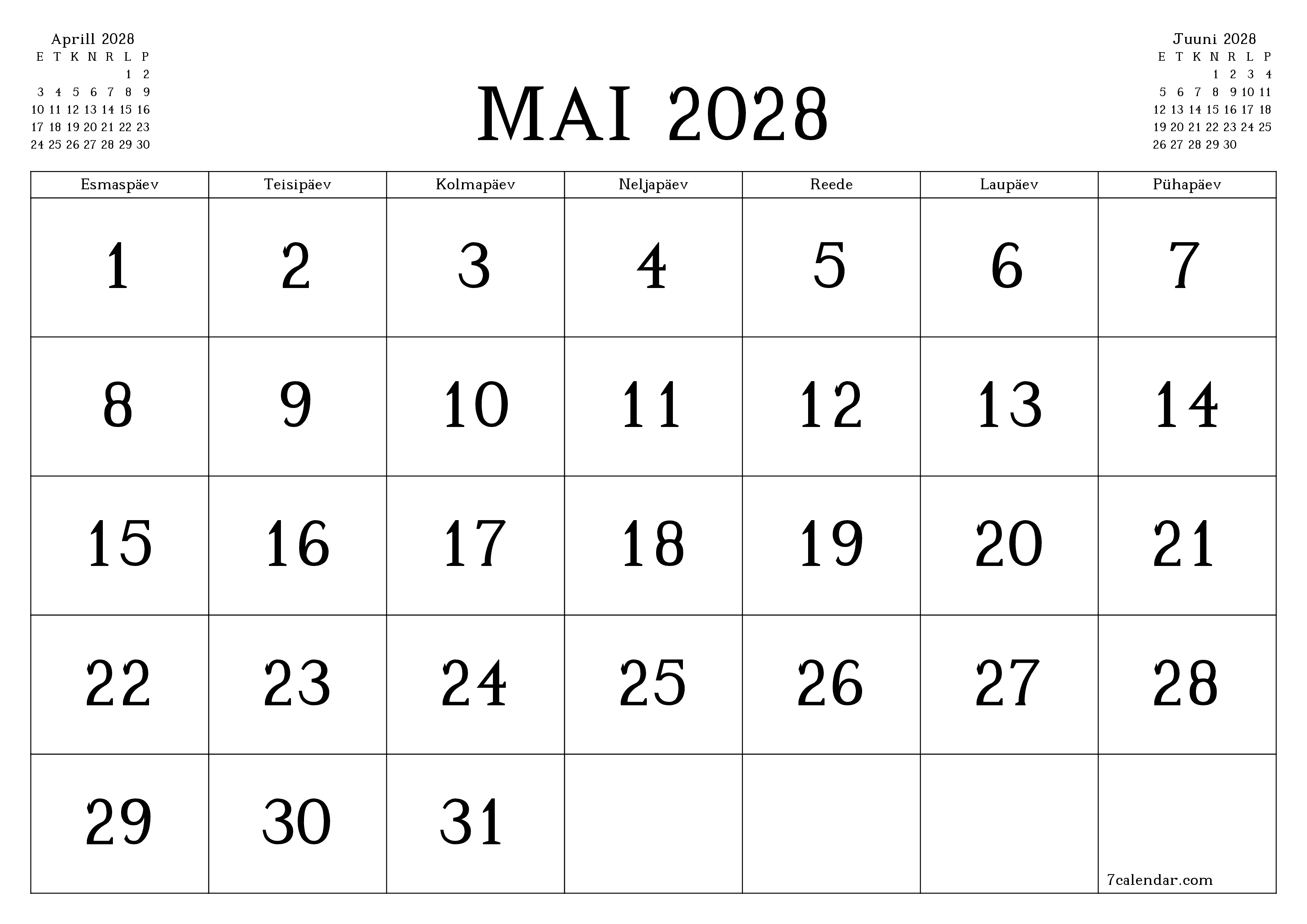 prinditav seina kalendri mall tasuta horisontaalne Igakuine kalender Mai (Mai) 2028