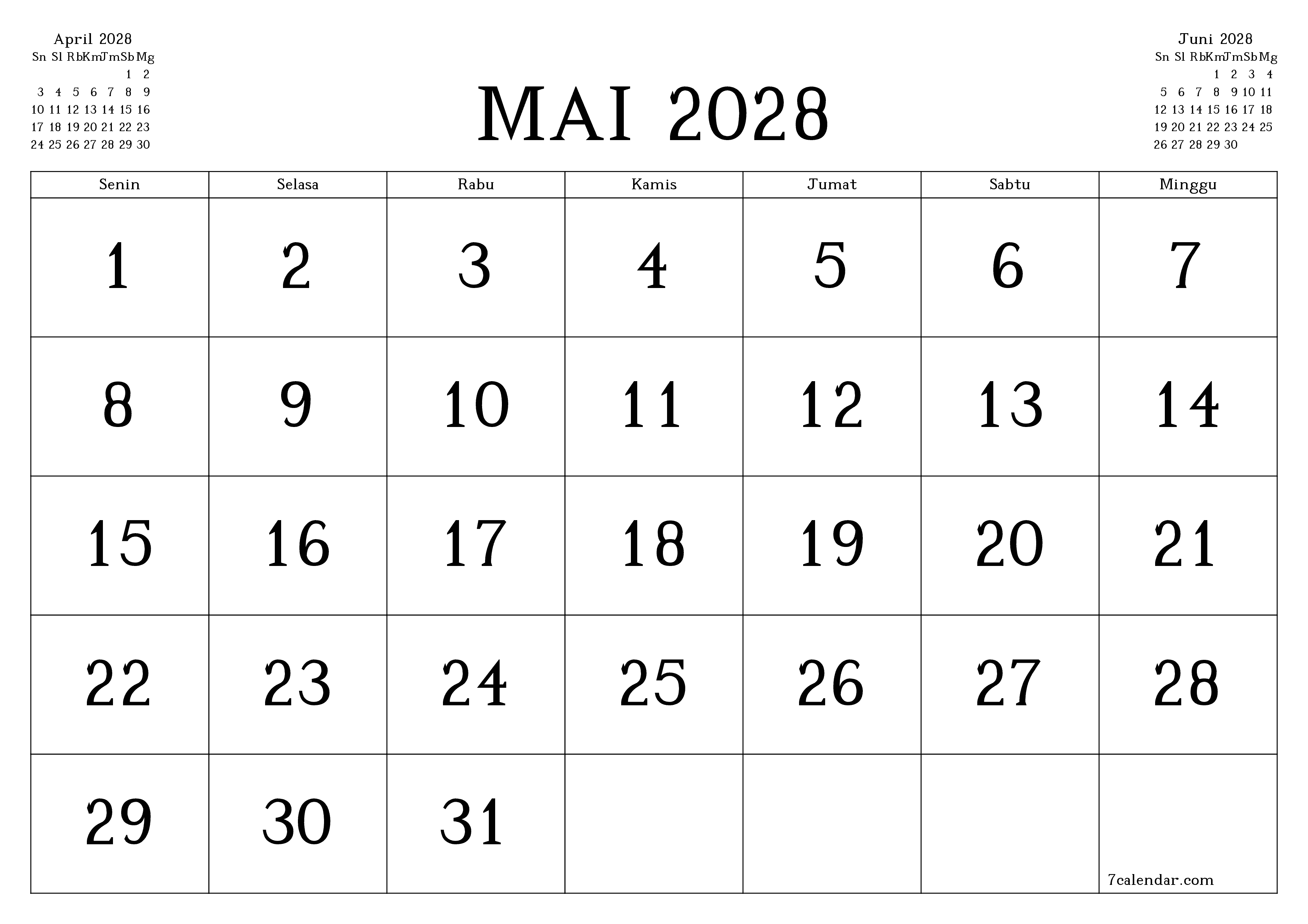 Kosongkan agenda bulanan untuk bulan Mai 2028 dengan catatan, simpan dan cetak ke PDF PNG Indonesian