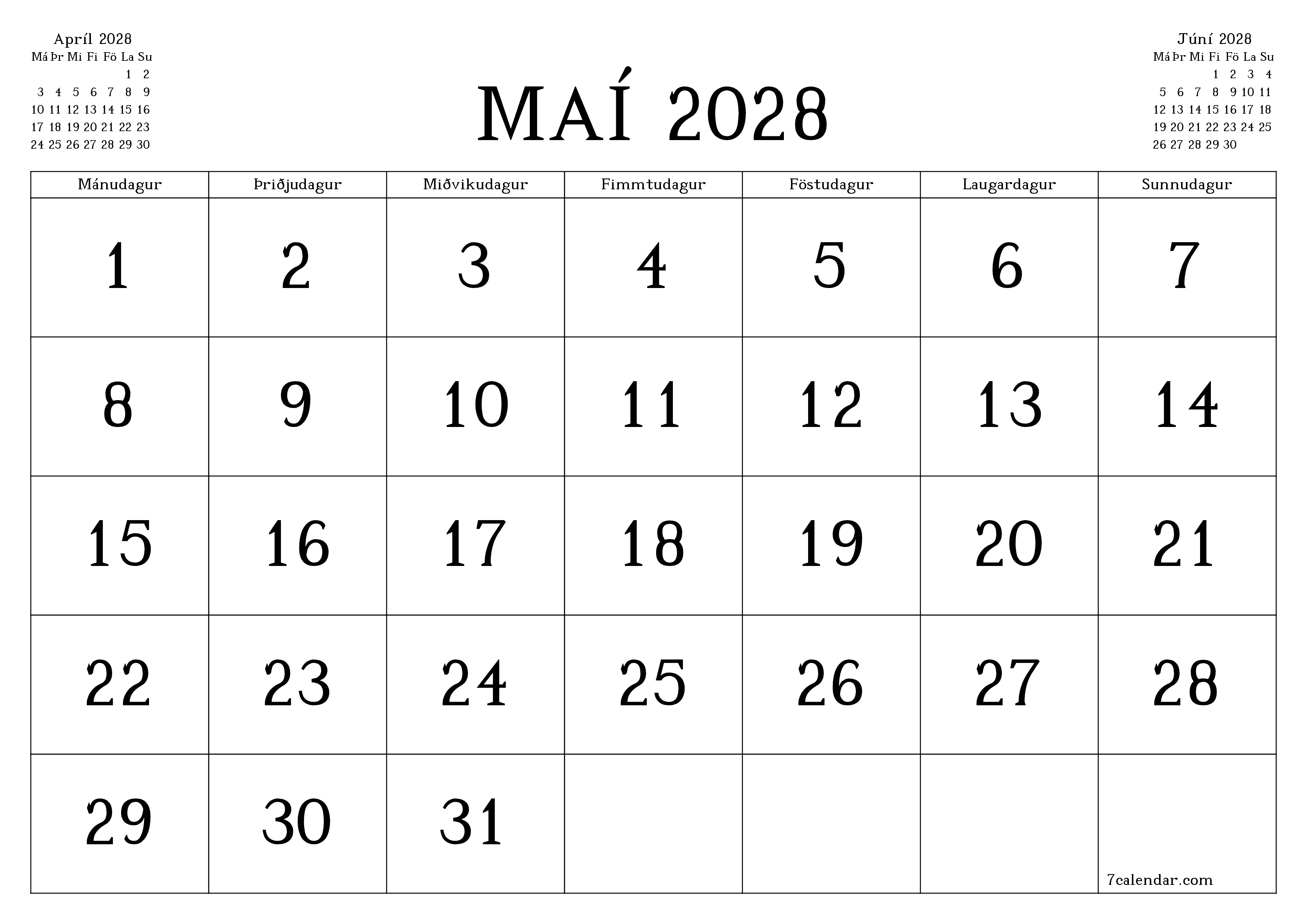 Tómur mánaðarlegur skipuleggjandi fyrir mánuðinn Maí 2028 með athugasemdum, vista og prenta á PDF PNG Icelandic