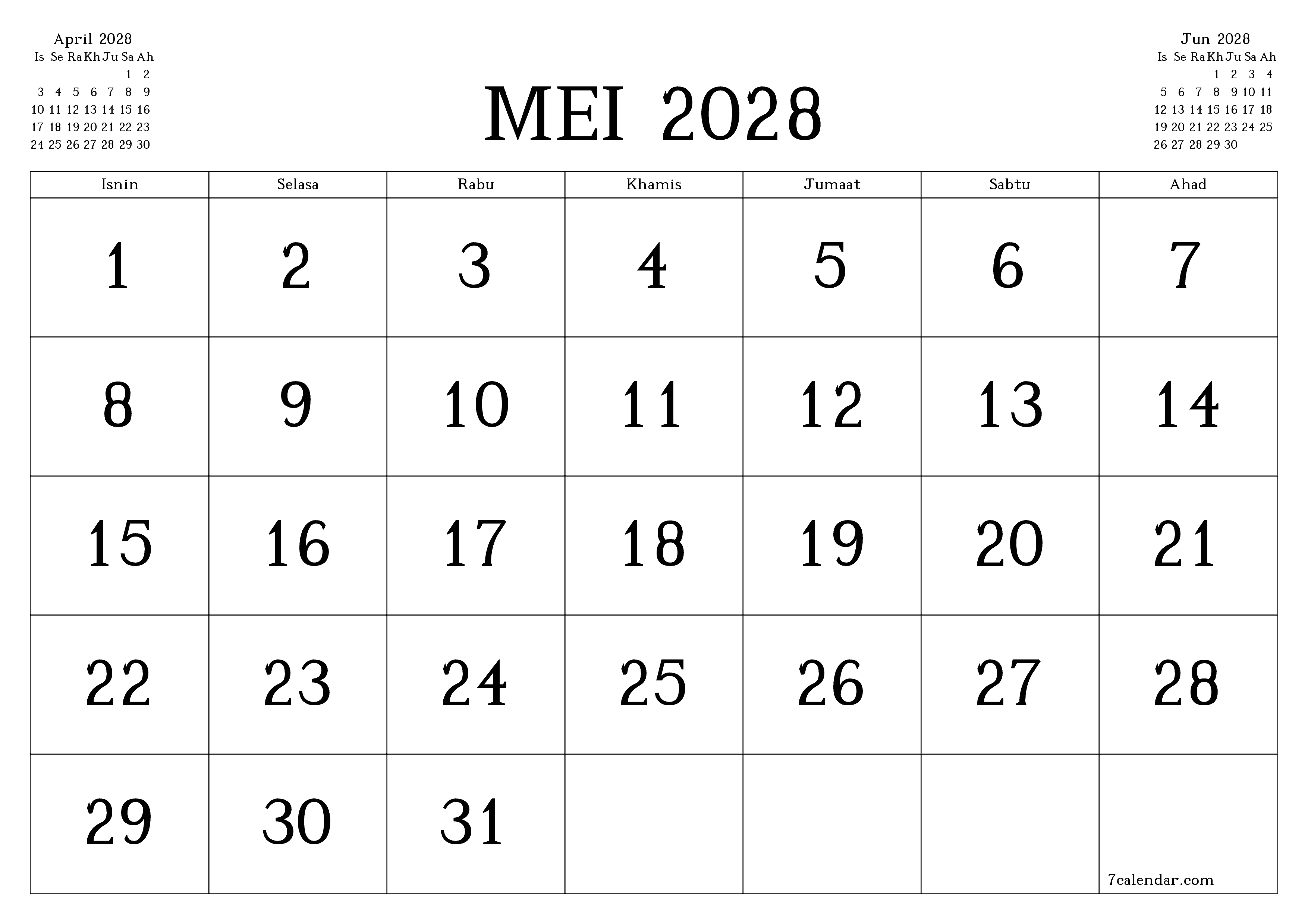 Perancang bulanan kosong untuk bulan Mei 2028 dengan nota, simpan dan cetak ke PDF PNG Malay