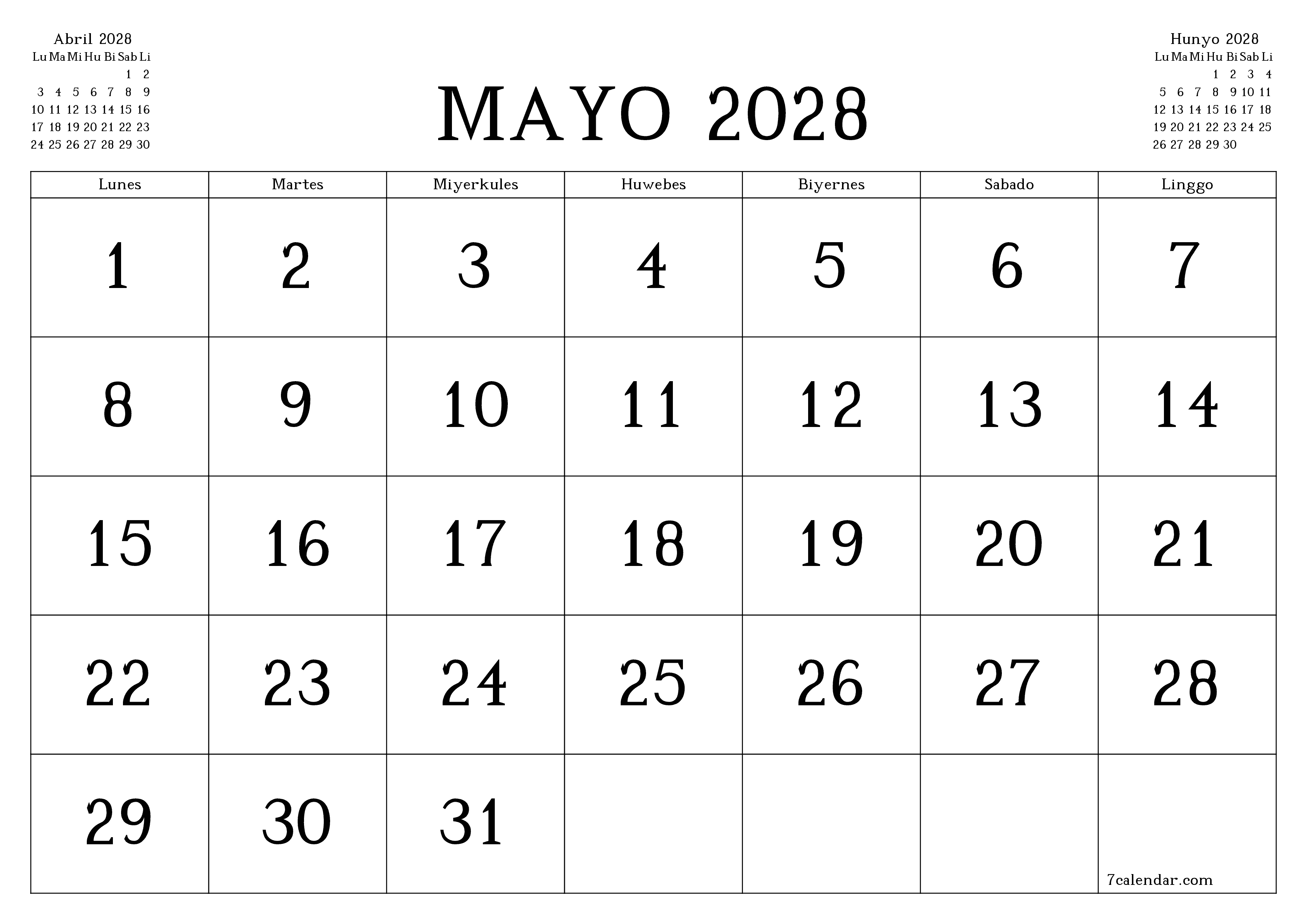 Walang laman na buwanang tagaplano para sa buwan na Mayo 2028 na may mga tala, i-save at i-print sa PDF PNG Filipino