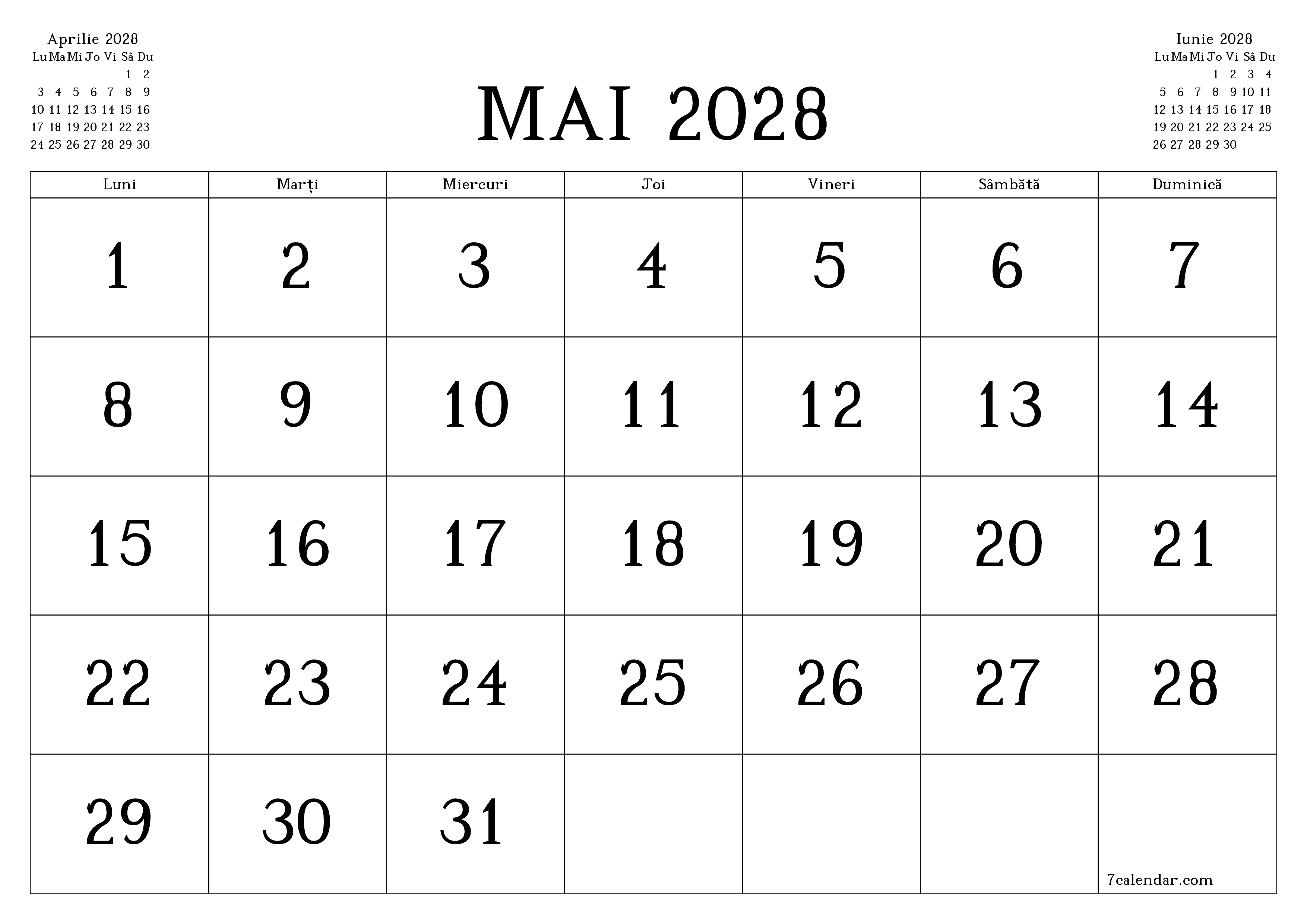 Planificator lunar gol pentru luna Mai 2028 cu note, salvați și tipăriți în PDF PNG Romanian