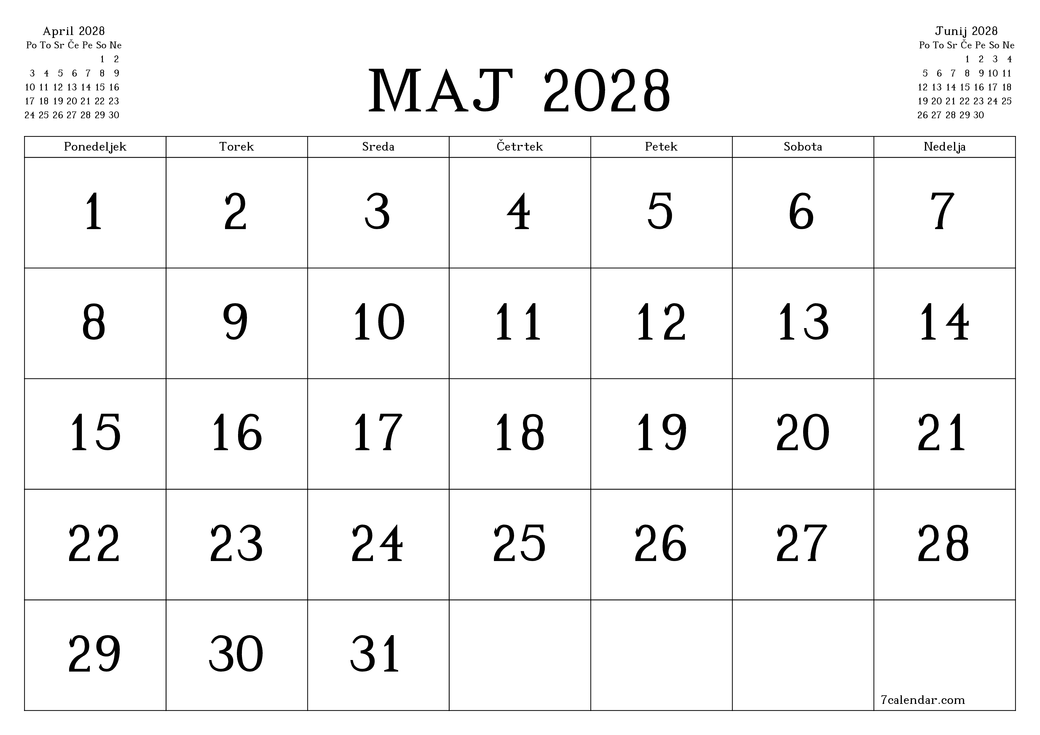 Prazen mesečni načrtovalec koledarja za mesec Maj 2028 z opombami, natisnjenimi v PDF PNG Slovenian
