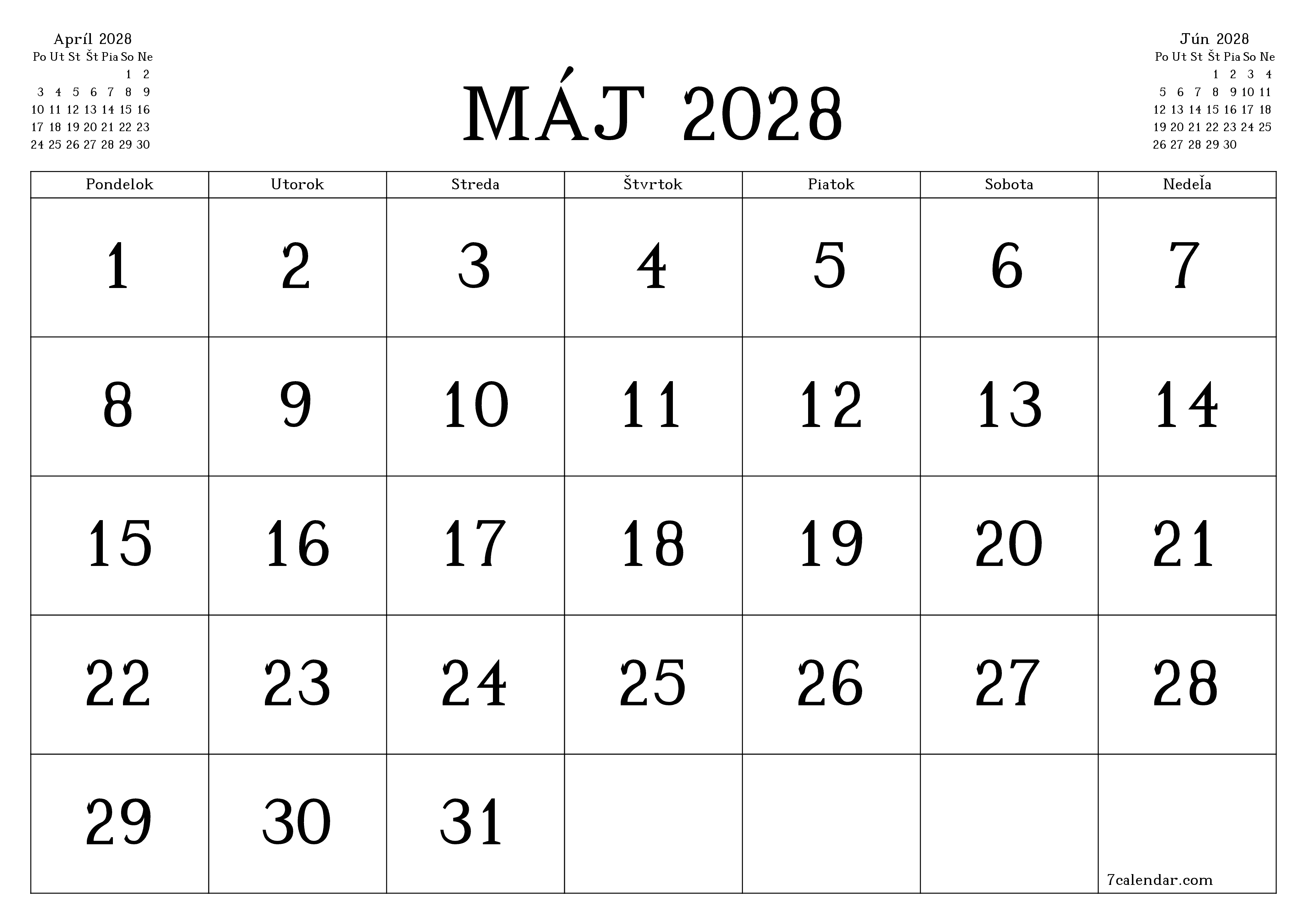 Prázdny mesačný plánovač na mesiac Máj 2028 s poznámkami, uloženie a tlač do PDF PNG Slovak