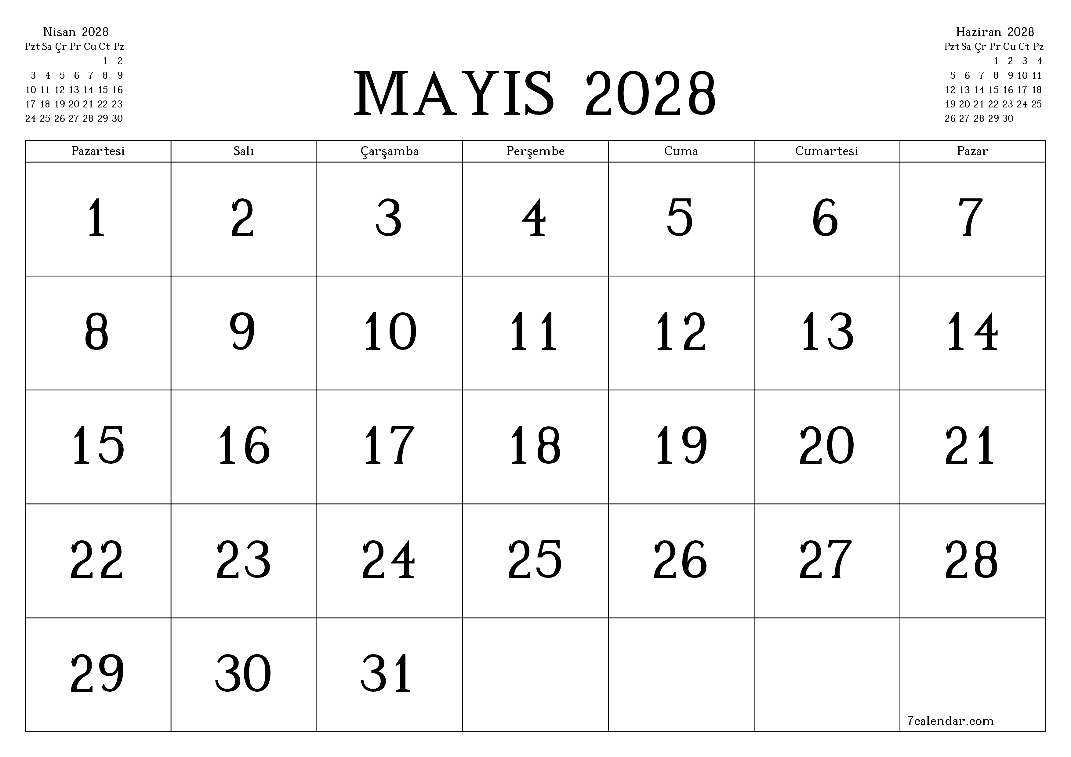 Mayıs 2028 ayı için notlarla birlikte boş aylık planlayıcı, kaydedin ve PDF'ye yazdırın PNG Turkish
