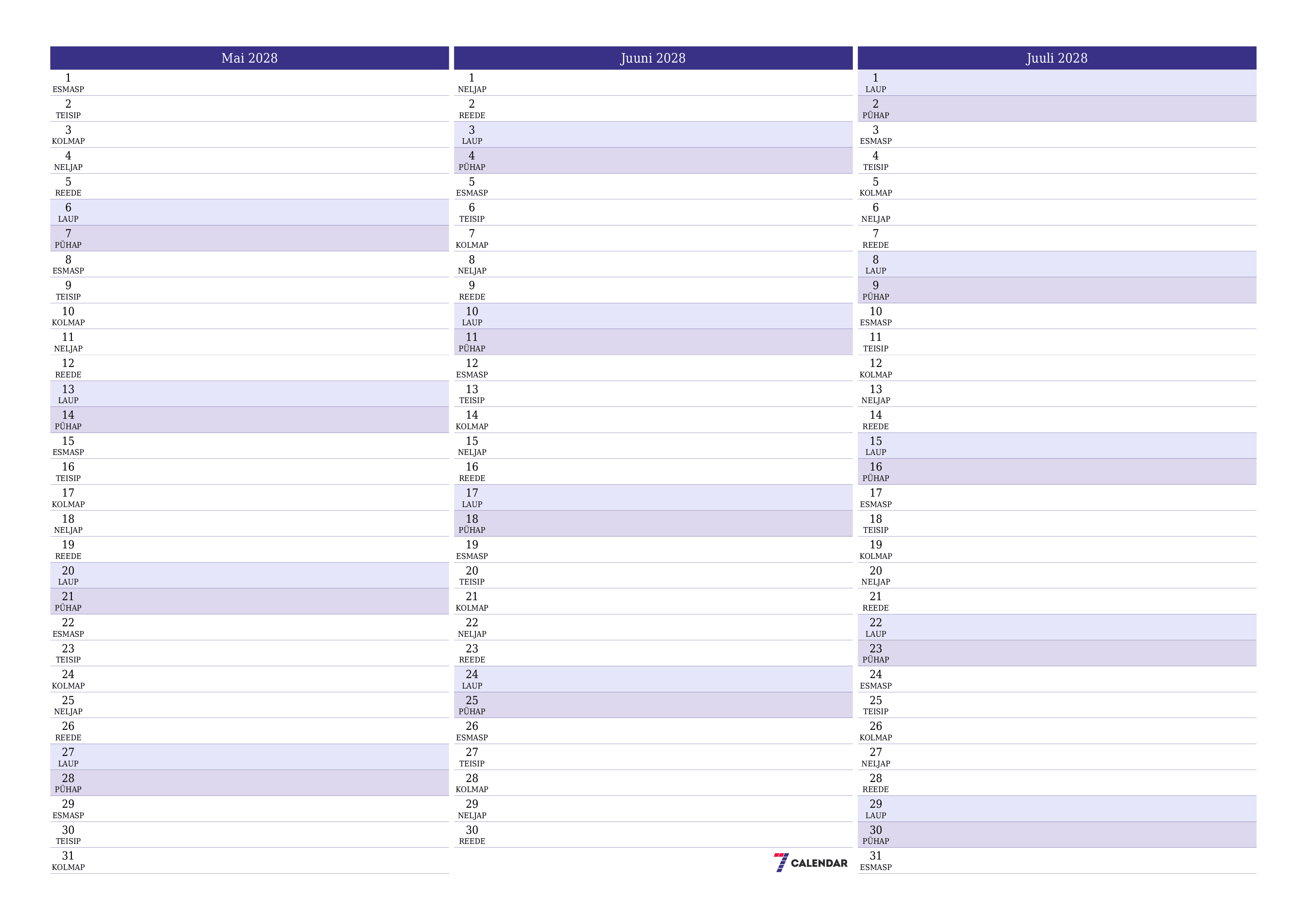 Tühjendage kuu Mai 2028 kuuplaneerija märkmetega, salvestage ja printige PDF-i PNG Estonian