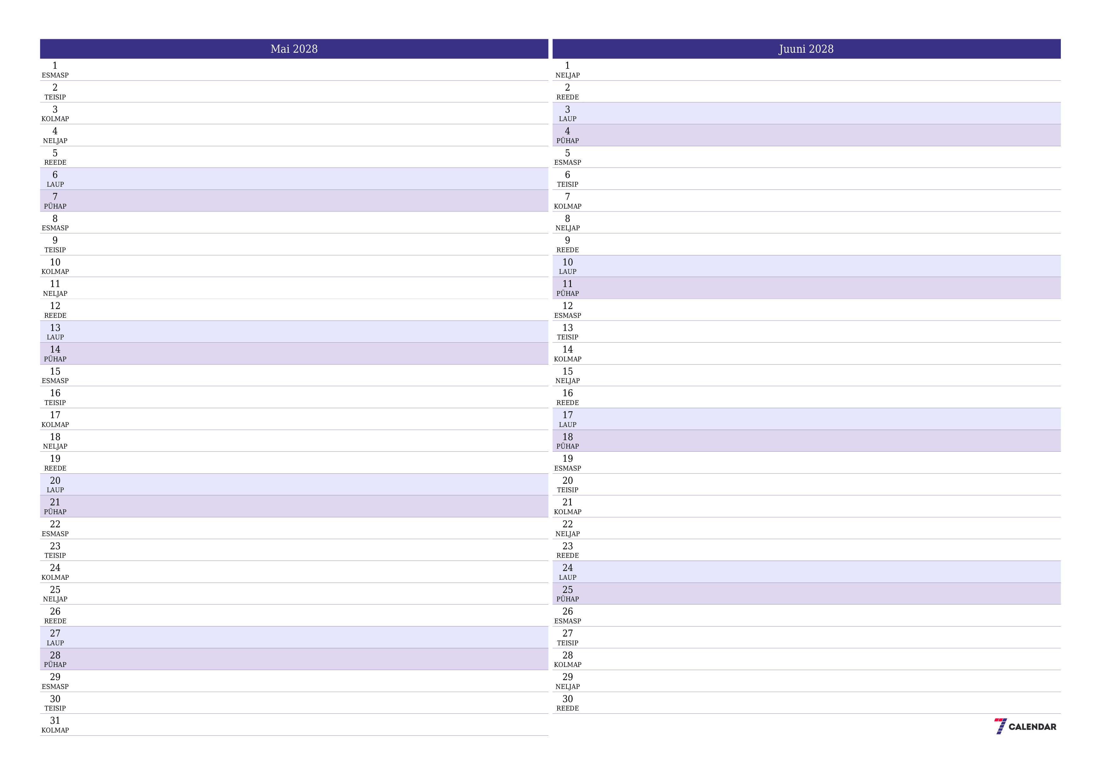 Tühjendage kuu Mai 2028 kuuplaneerija märkmetega, salvestage ja printige PDF-i PNG Estonian