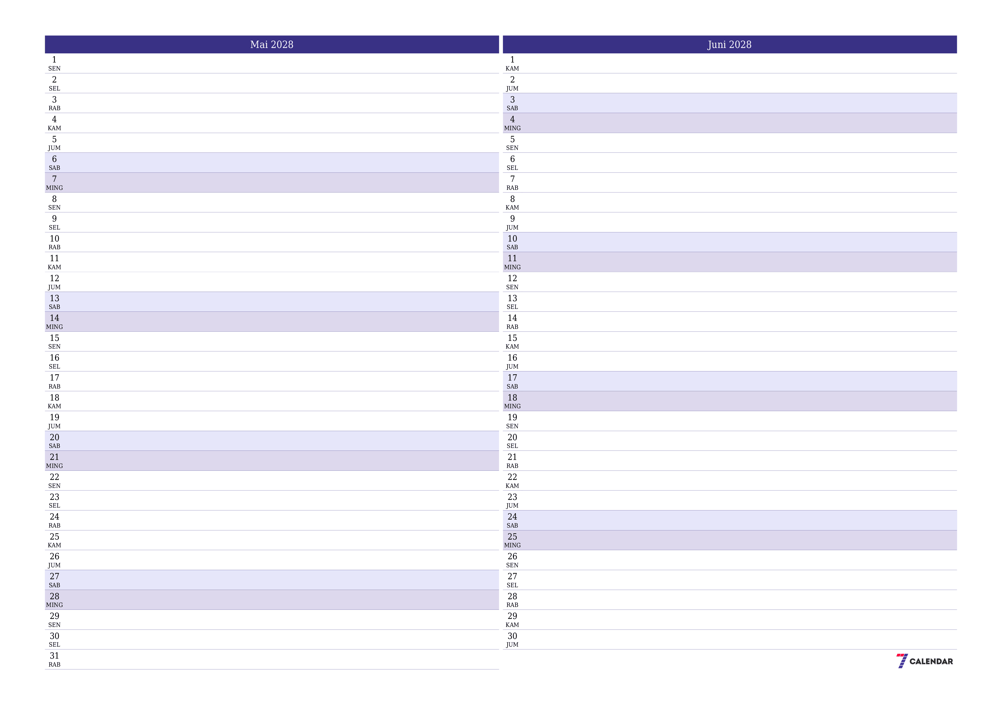 Kosongkan agenda bulanan untuk bulan Mai 2028 dengan catatan, simpan dan cetak ke PDF PNG Indonesian