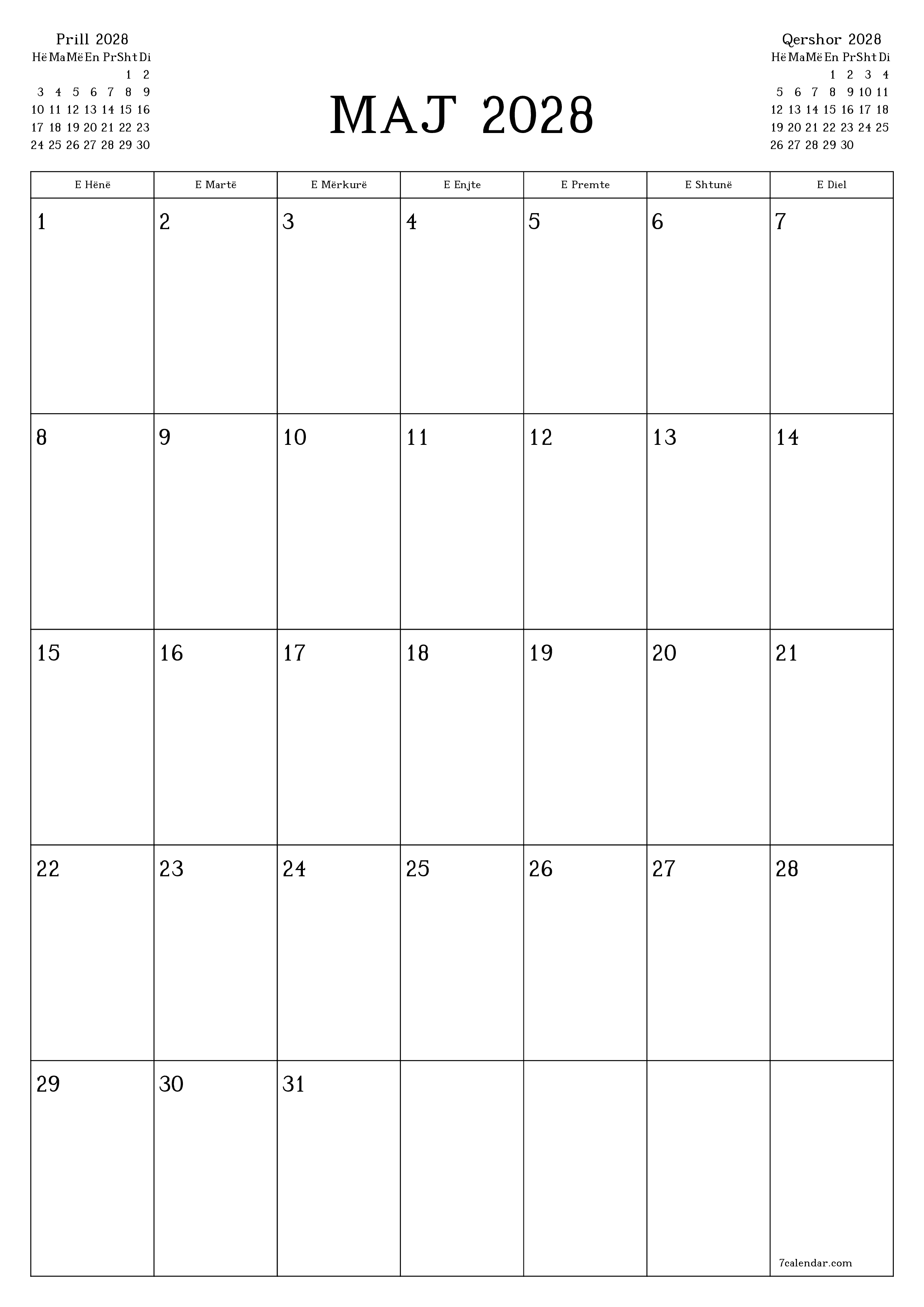 Planifikuesi i zbrazët i kalendarit mujor për muajin Maj 2028 me shënime të ruajtura dhe të printuara në PDF PNG Albanian
