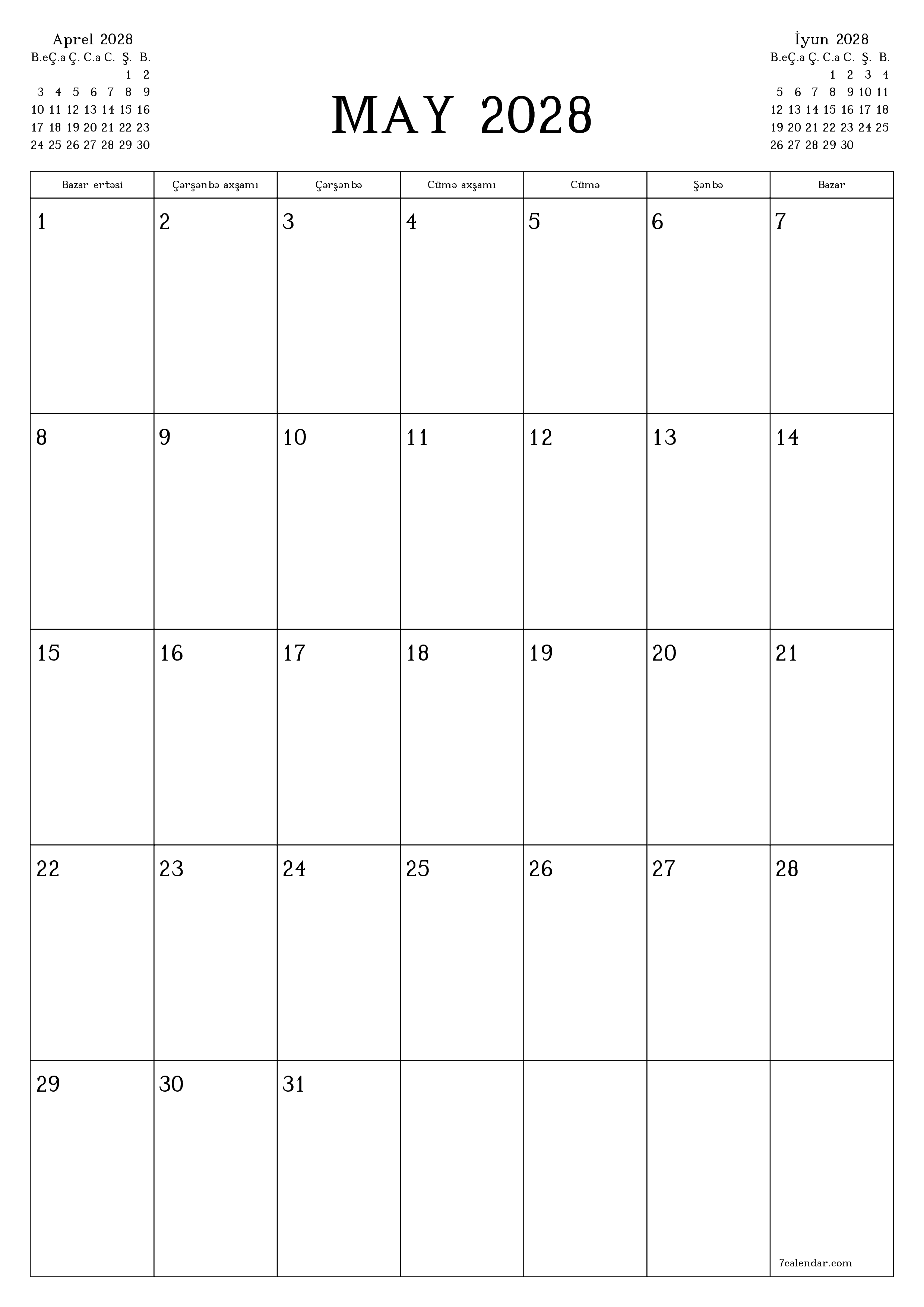May 2028 ayı üçün qeydlər ilə boş aylıq planlayıcı, qeyd edin və PDF-ə yazdırın PNG Azerbaijani