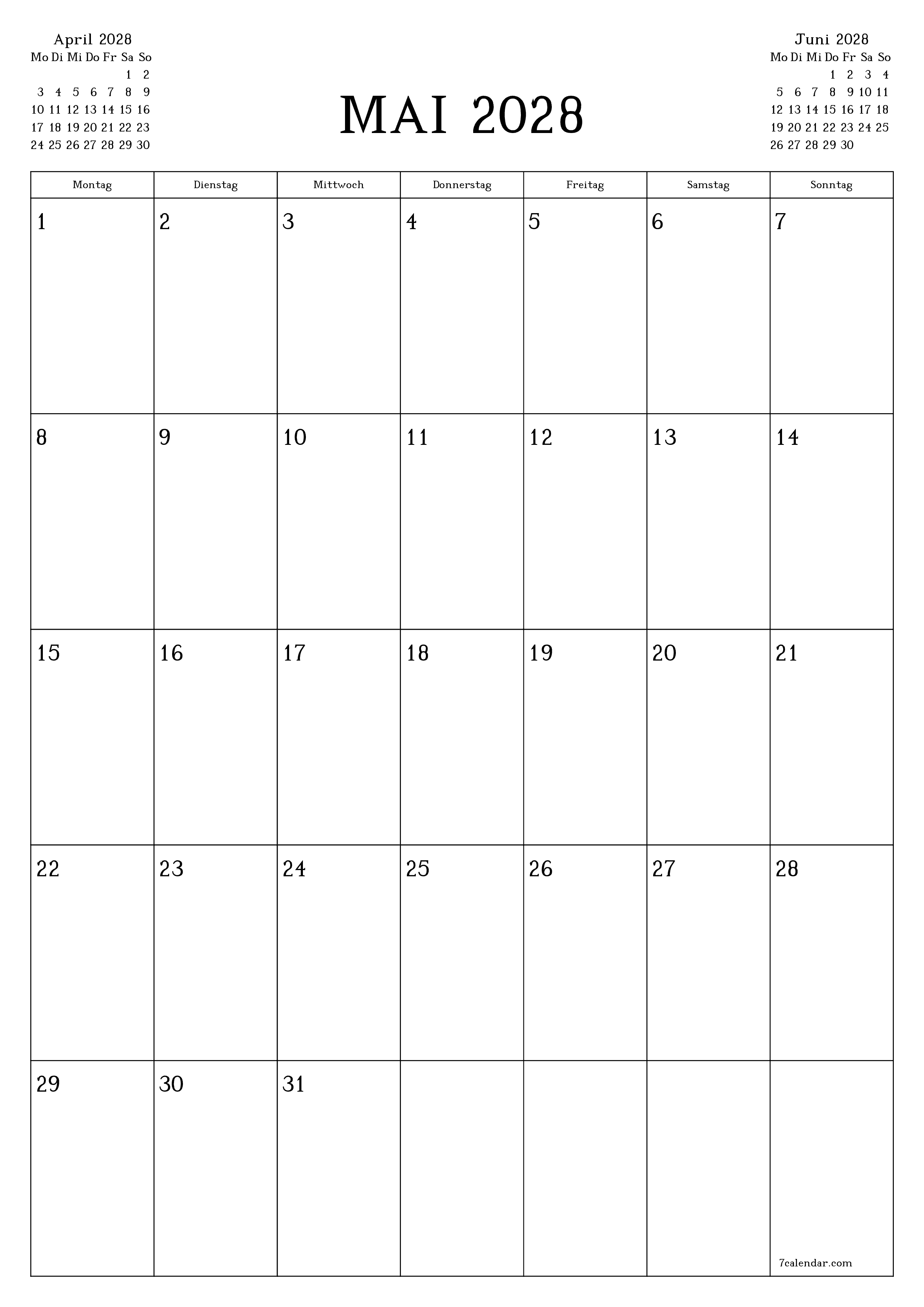 Monatsplaner für Monat Mai 2028 mit Notizen leeren, speichern und als PDF PNG German - 7calendar.com drucken