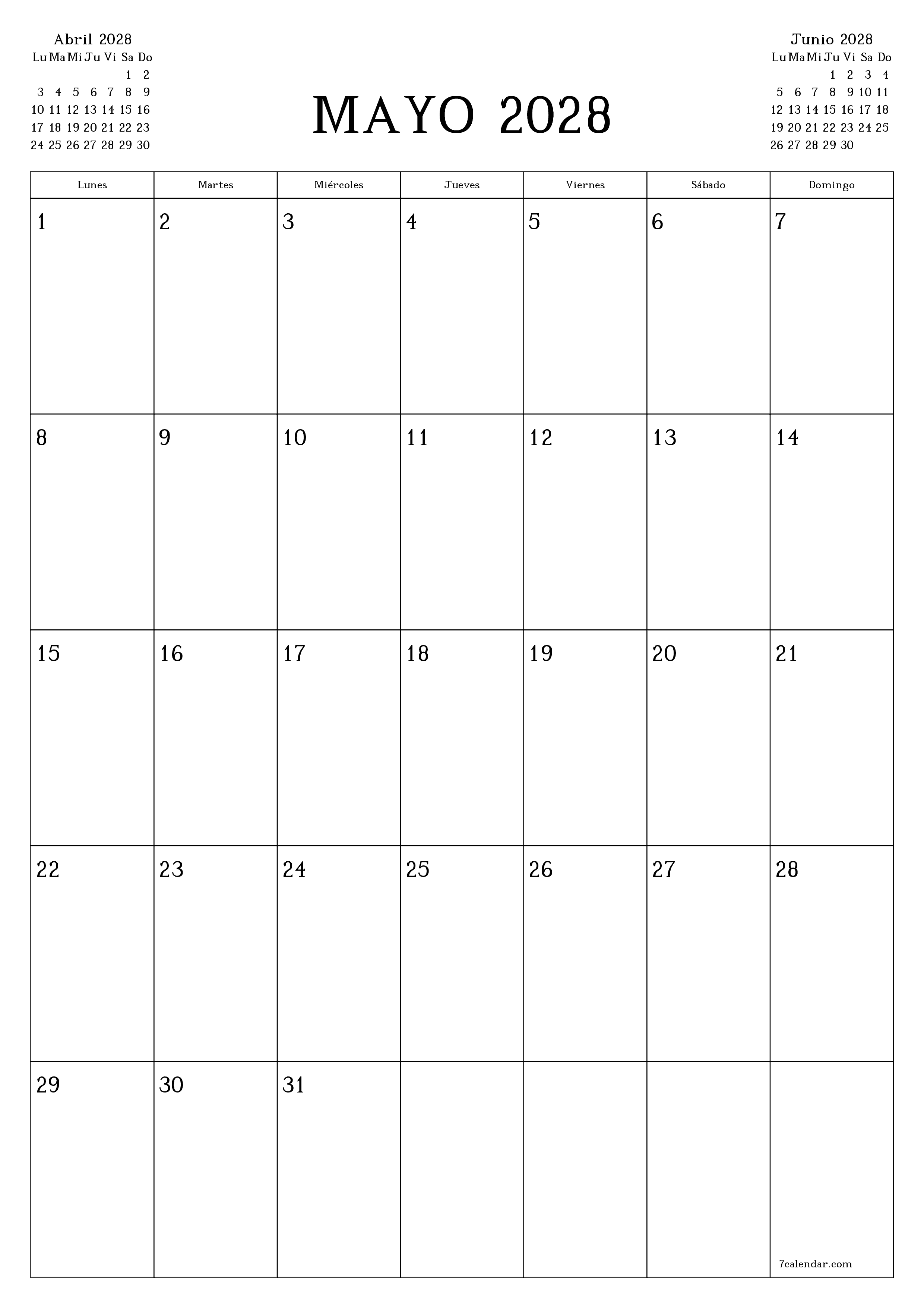 Planificador mensual vacío para el mes Mayo 2028 con notas, guardar e imprimir en PDF PNG Spanish