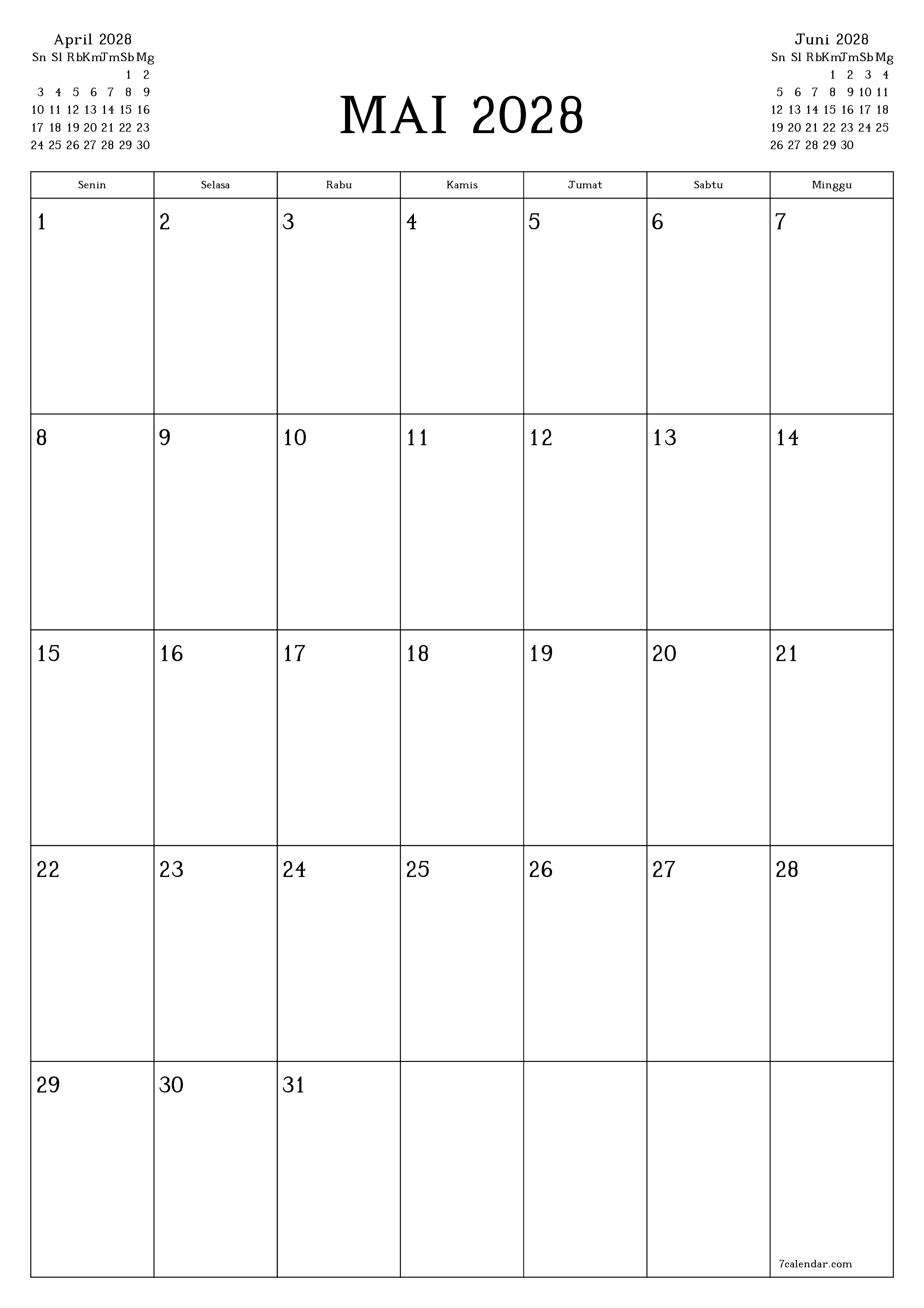 Kosongkan agenda bulanan untuk bulan Mai 2028 dengan catatan, simpan dan cetak ke PDF PNG Indonesian