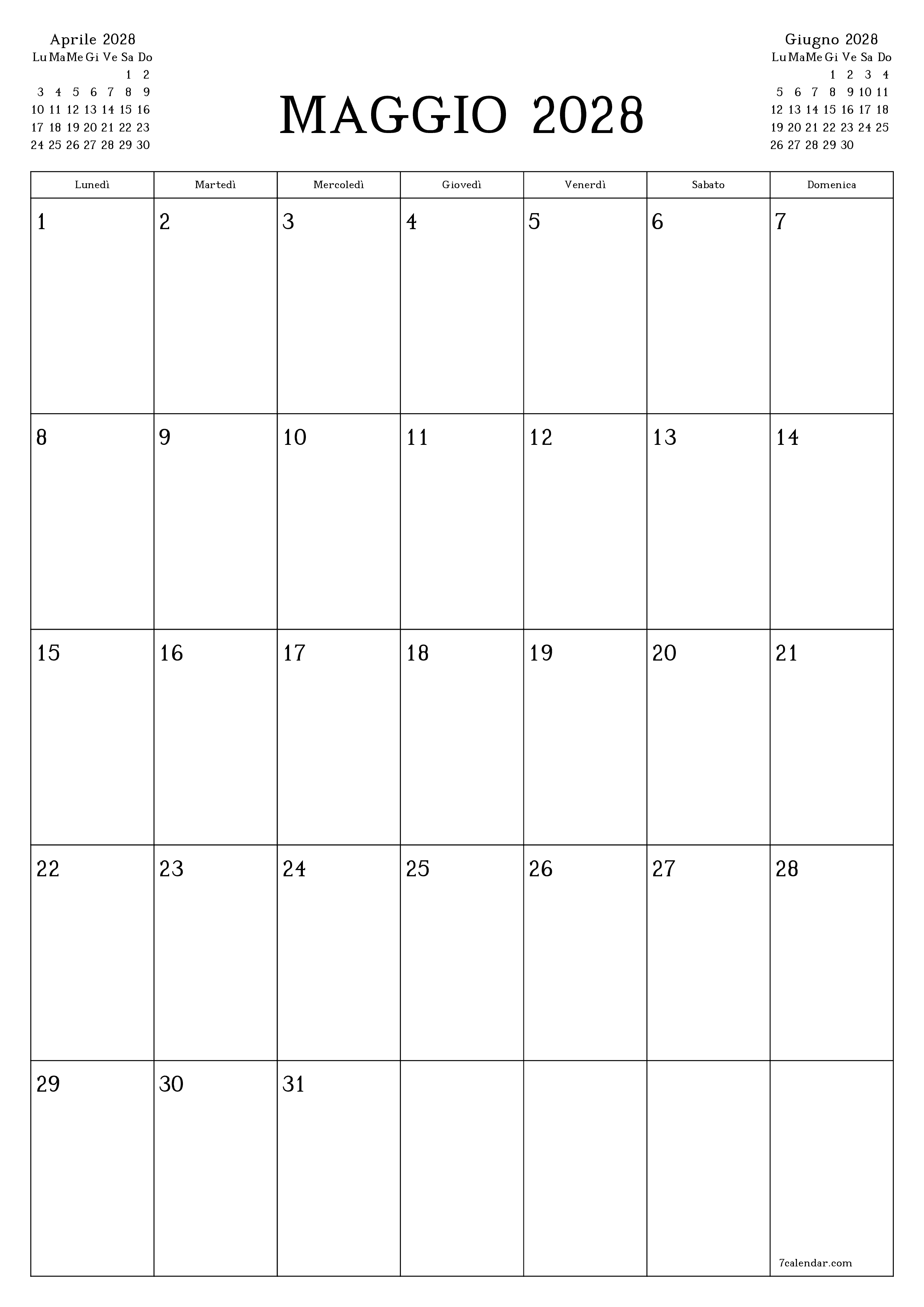 Pianificatore mensile vuoto per il mese Maggio 2028 con note, salva e stampa in PDF PNG Italian
