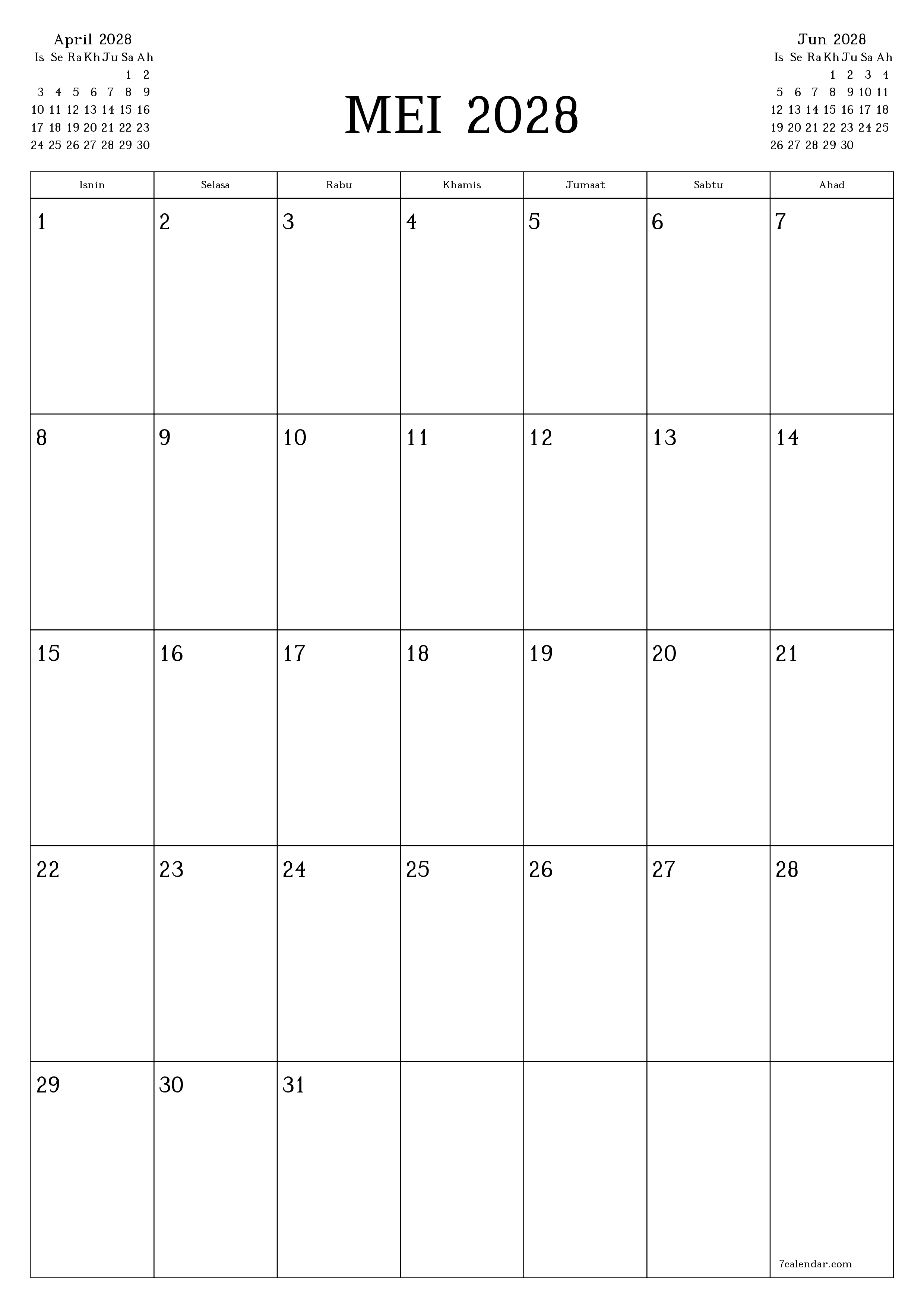 Perancang bulanan kosong untuk bulan Mei 2028 dengan nota, simpan dan cetak ke PDF PNG Malay