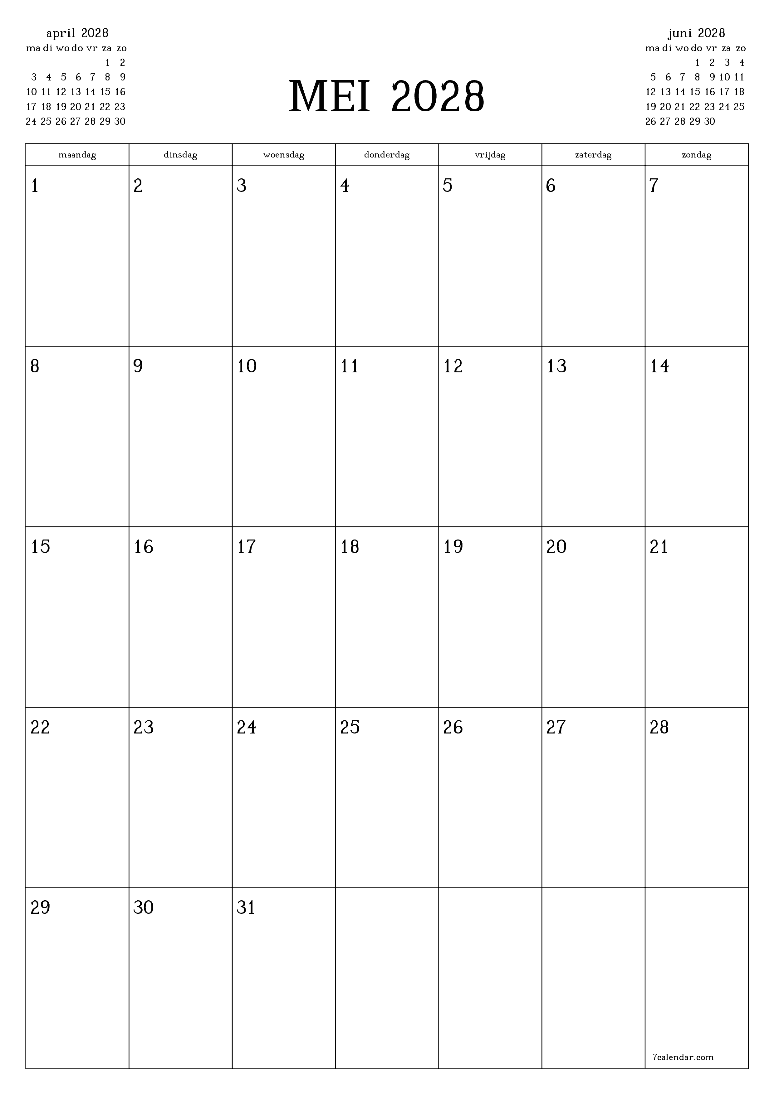 Lege maandplanner voor maand mei 2028 met notities, opslaan en afdrukken naar pdf PNG Dutch