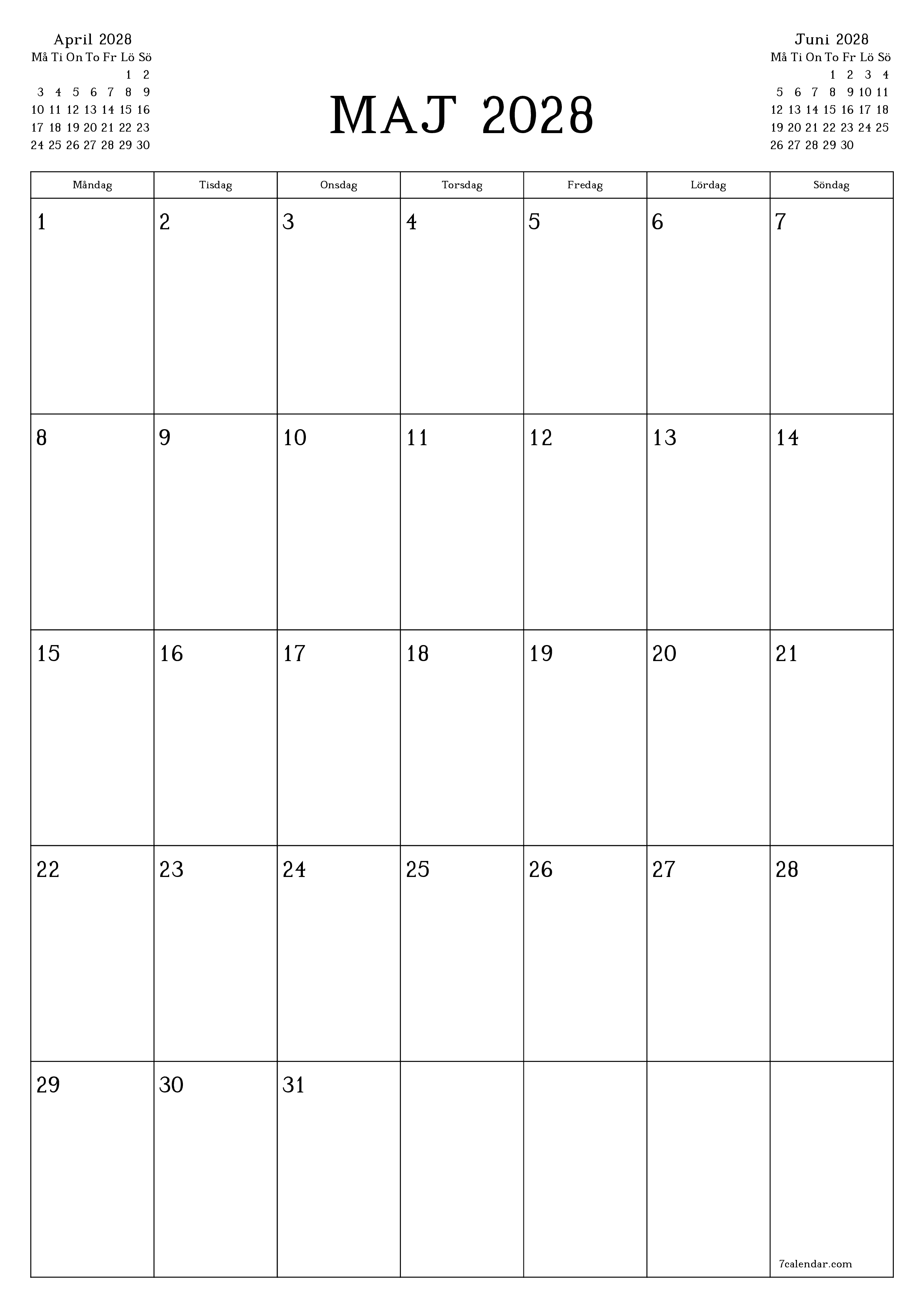 Tom månadsplanerare för månad Maj 2028 med anteckningar, spara och skriv ut till PDF PNG Swedish