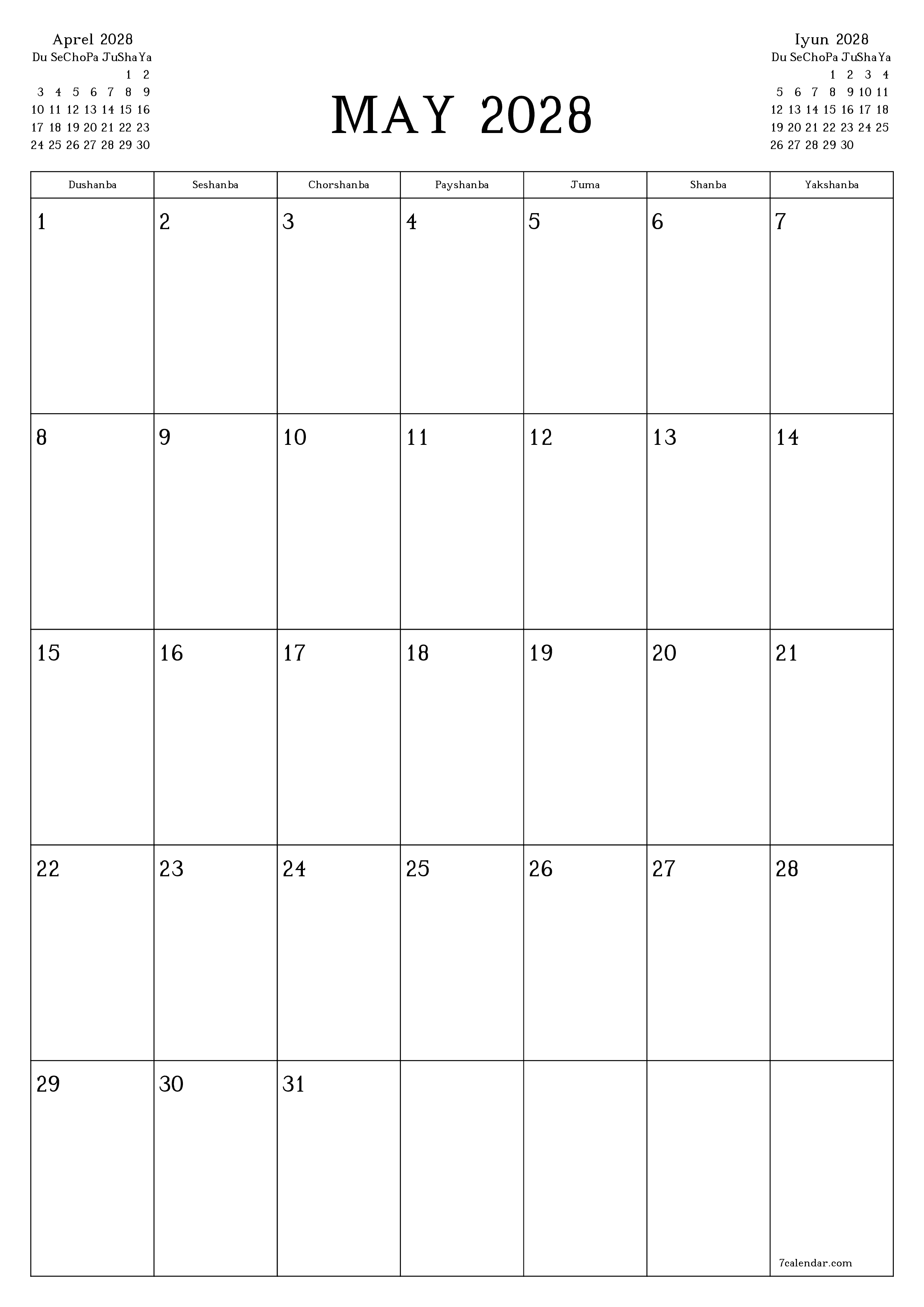 May 2028 oylik oylik rejalashtiruvchini yozuvlar bilan bo'shatish, saqlash va PDF-ga chop etish PNG Uzbek