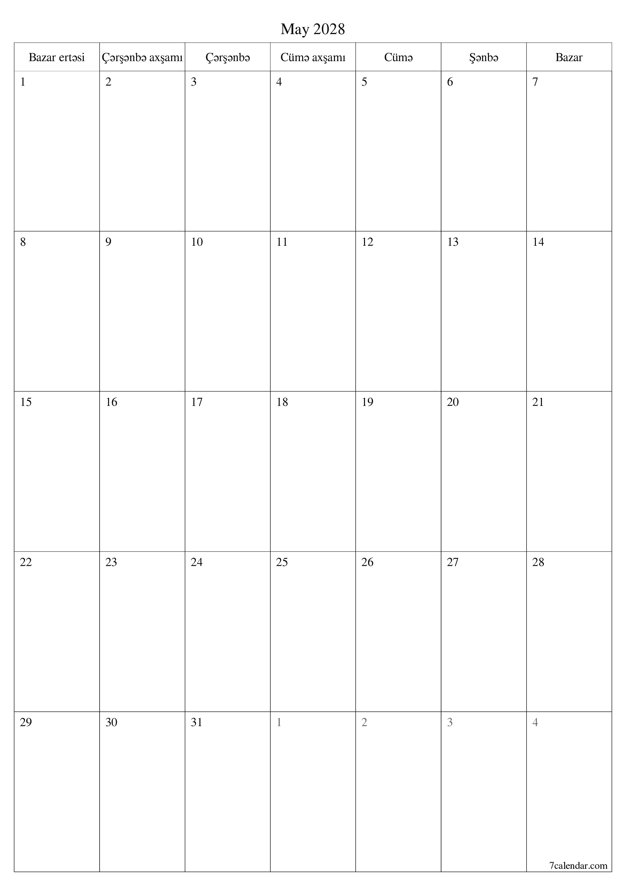 May 2028 ayı üçün qeydlər ilə boş aylıq planlayıcı, qeyd edin və PDF-ə yazdırın PNG Azerbaijani