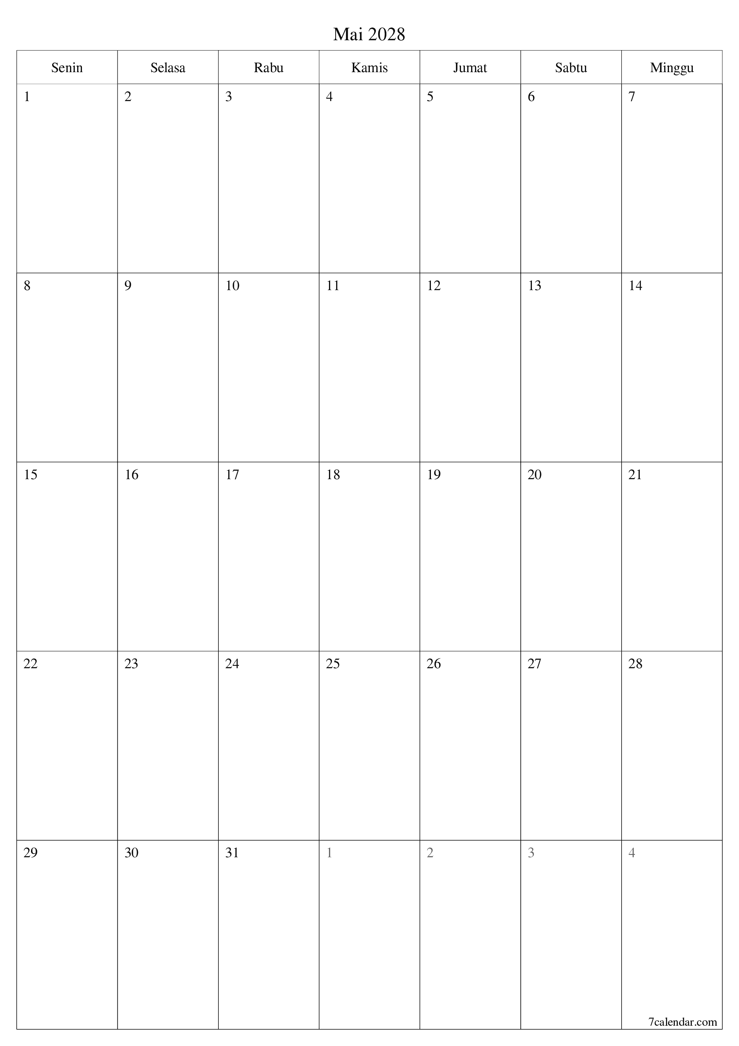 Kosongkan agenda bulanan untuk bulan Mai 2028 dengan catatan, simpan dan cetak ke PDF PNG Indonesian