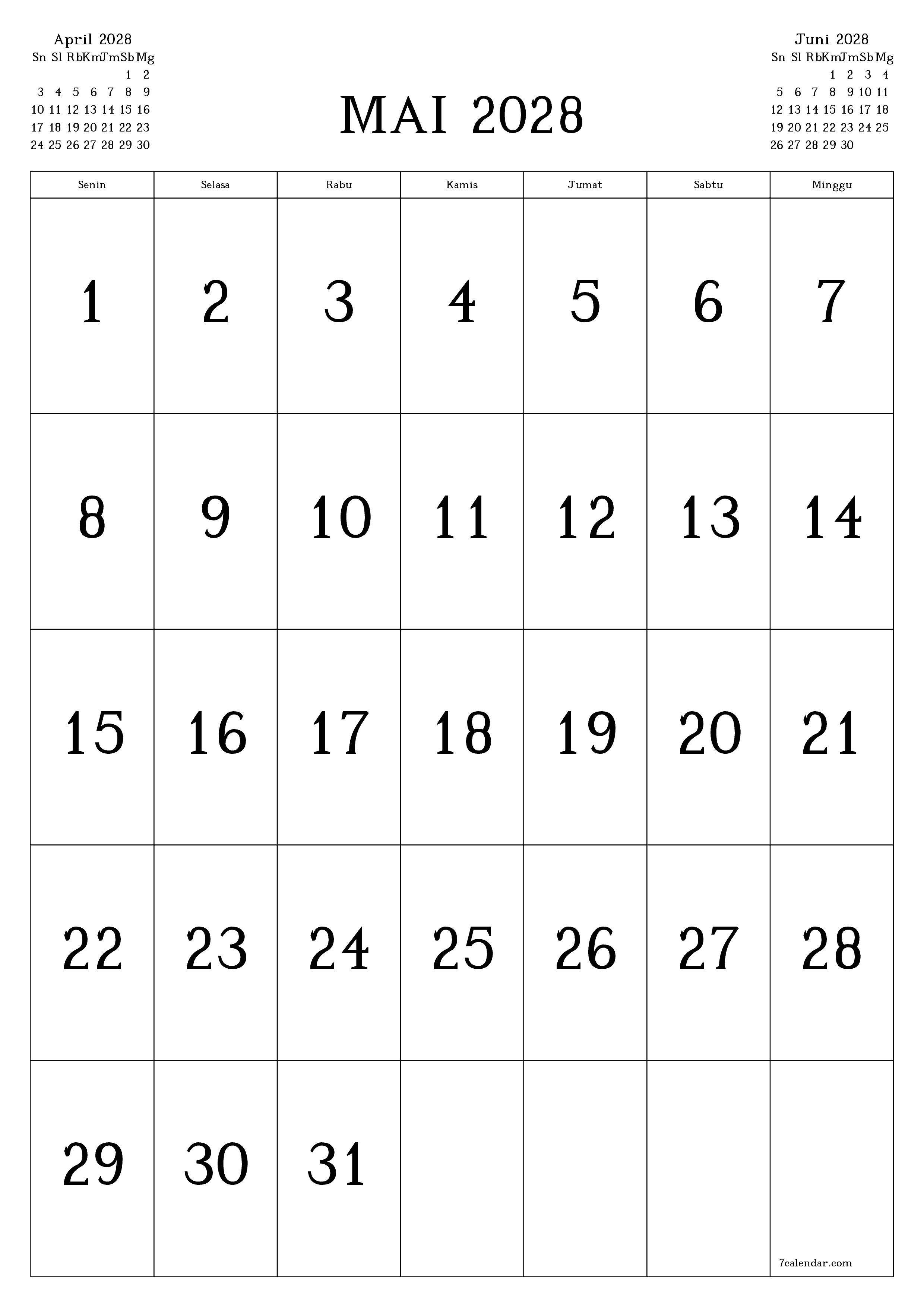 Kosongkan agenda bulanan untuk bulan Mai 2028 dengan catatan, simpan dan cetak ke PDF PNG Indonesian
