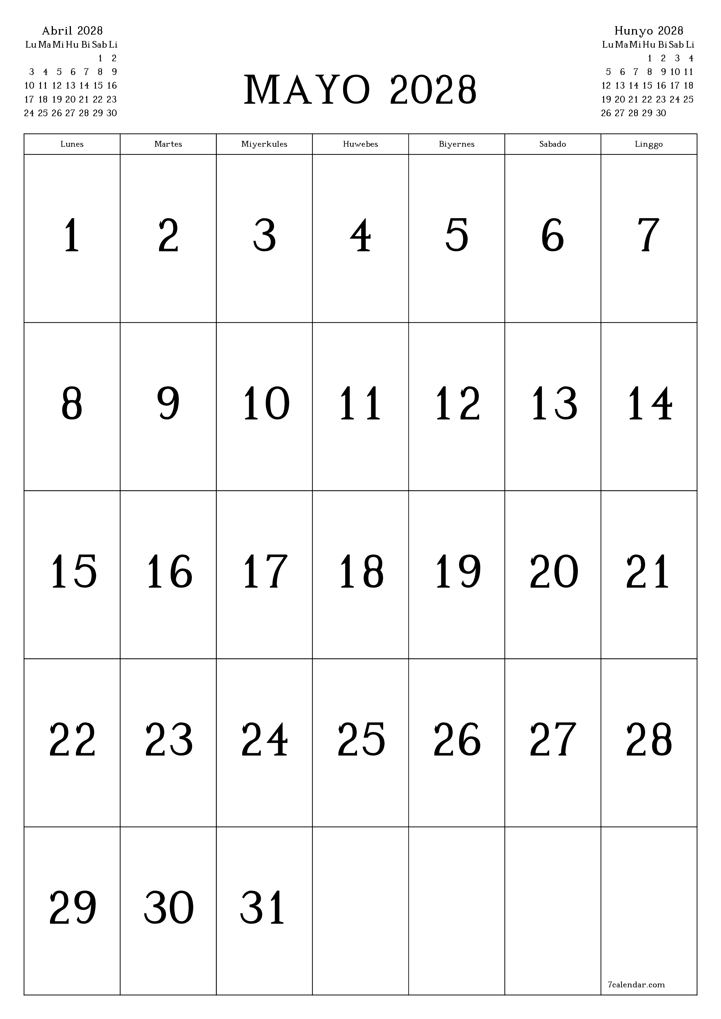 Walang laman na buwanang tagaplano para sa buwan na Mayo 2028 na may mga tala, i-save at i-print sa PDF PNG Filipino