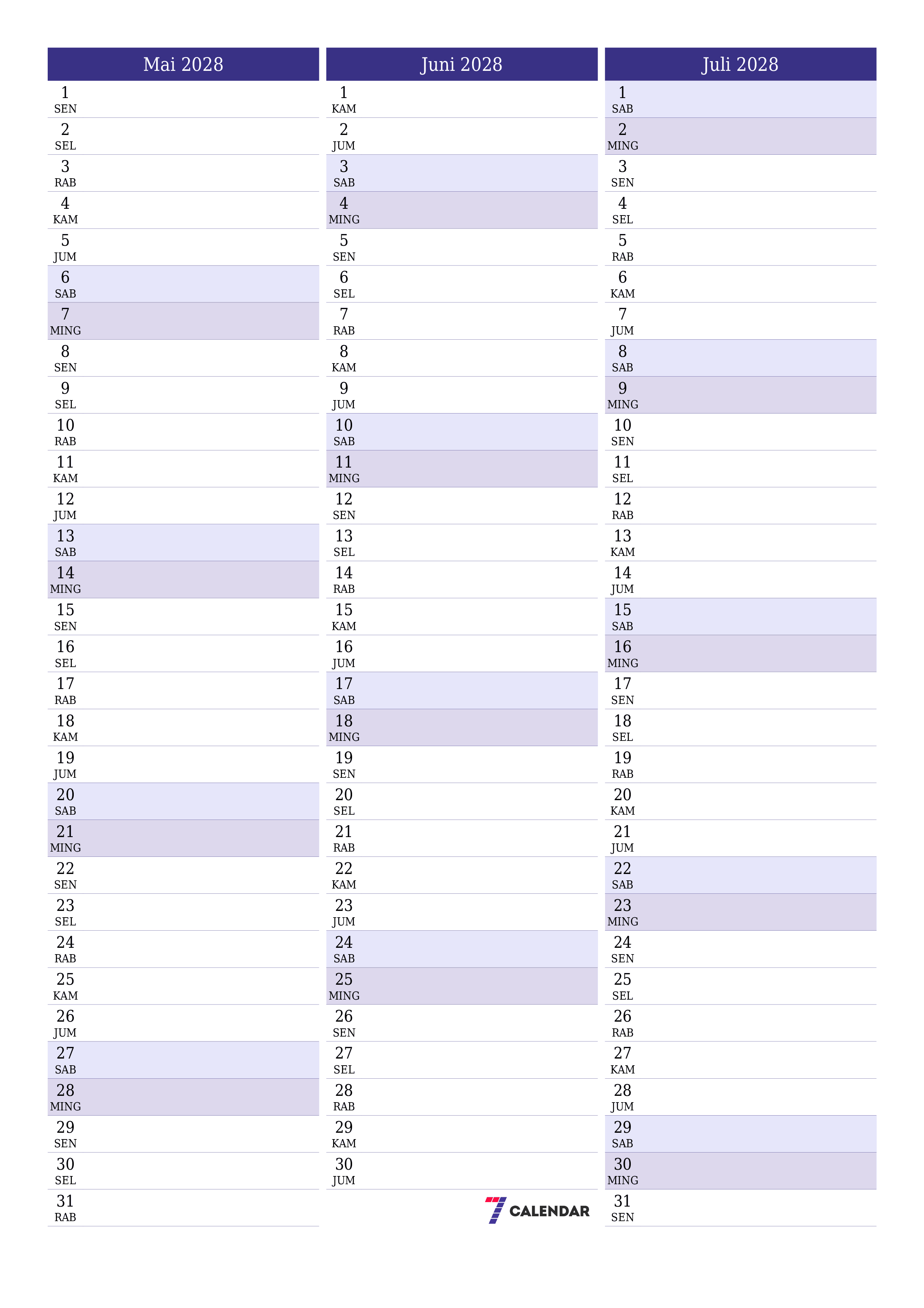 Kosongkan agenda bulanan untuk bulan Mai 2028 dengan catatan, simpan dan cetak ke PDF PNG Indonesian