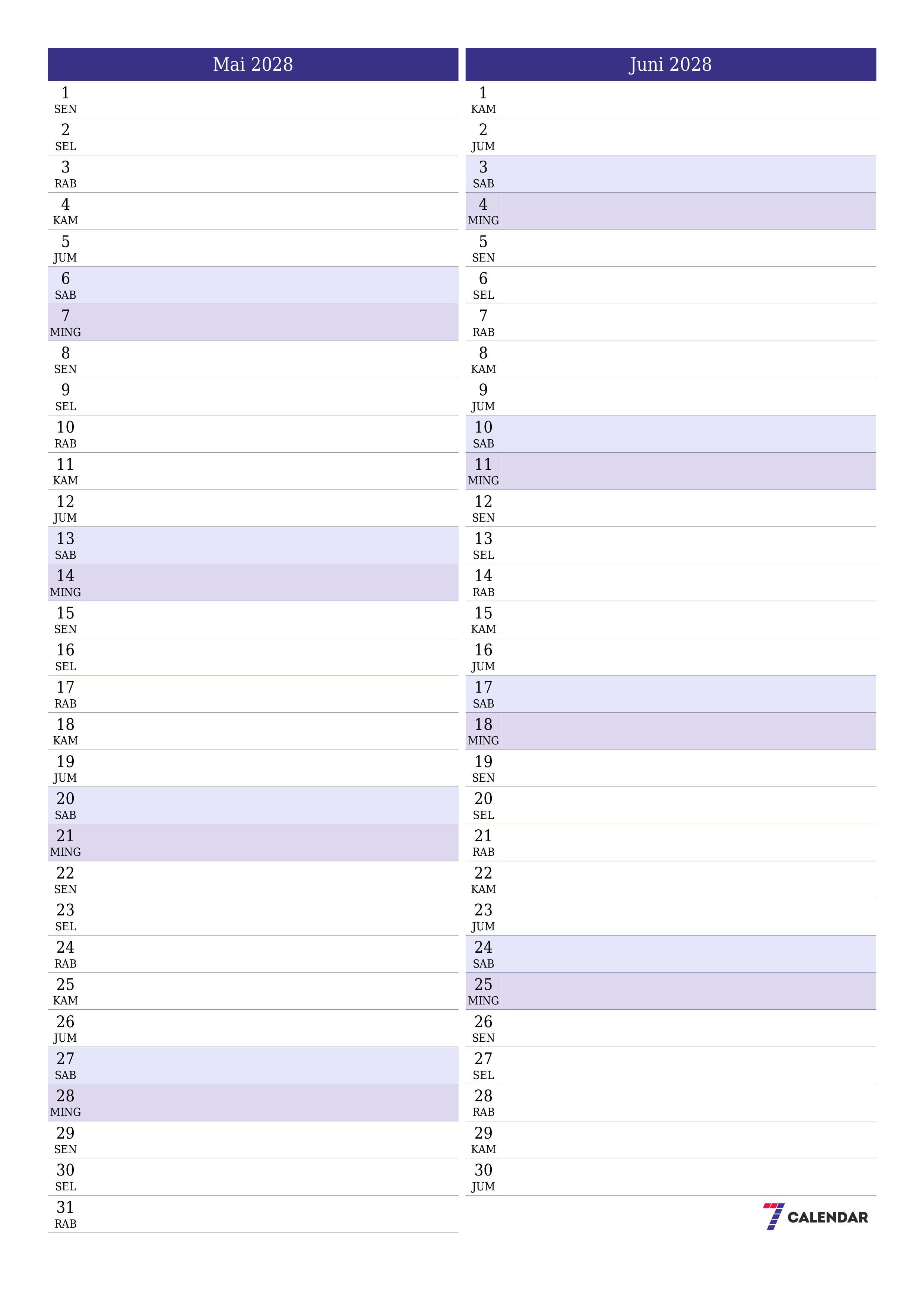 Kosongkan agenda bulanan untuk bulan Mai 2028 dengan catatan, simpan dan cetak ke PDF PNG Indonesian