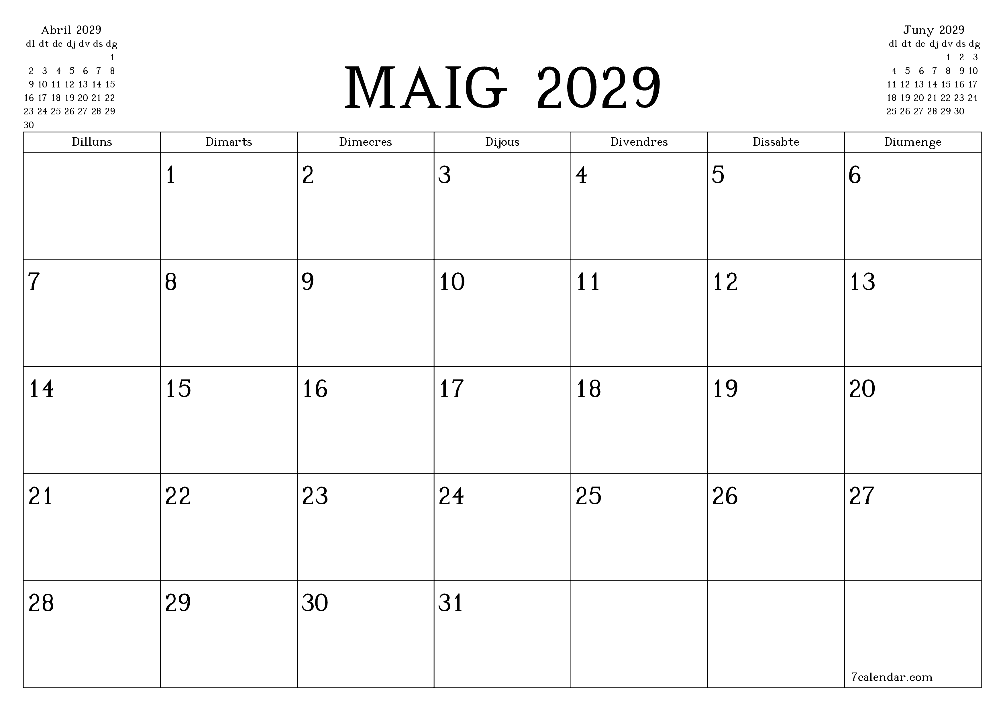 Planificador mensual buit del mes Maig 2029 amb notes, deseu-lo i imprimiu-lo en format PDF PNG Catalan