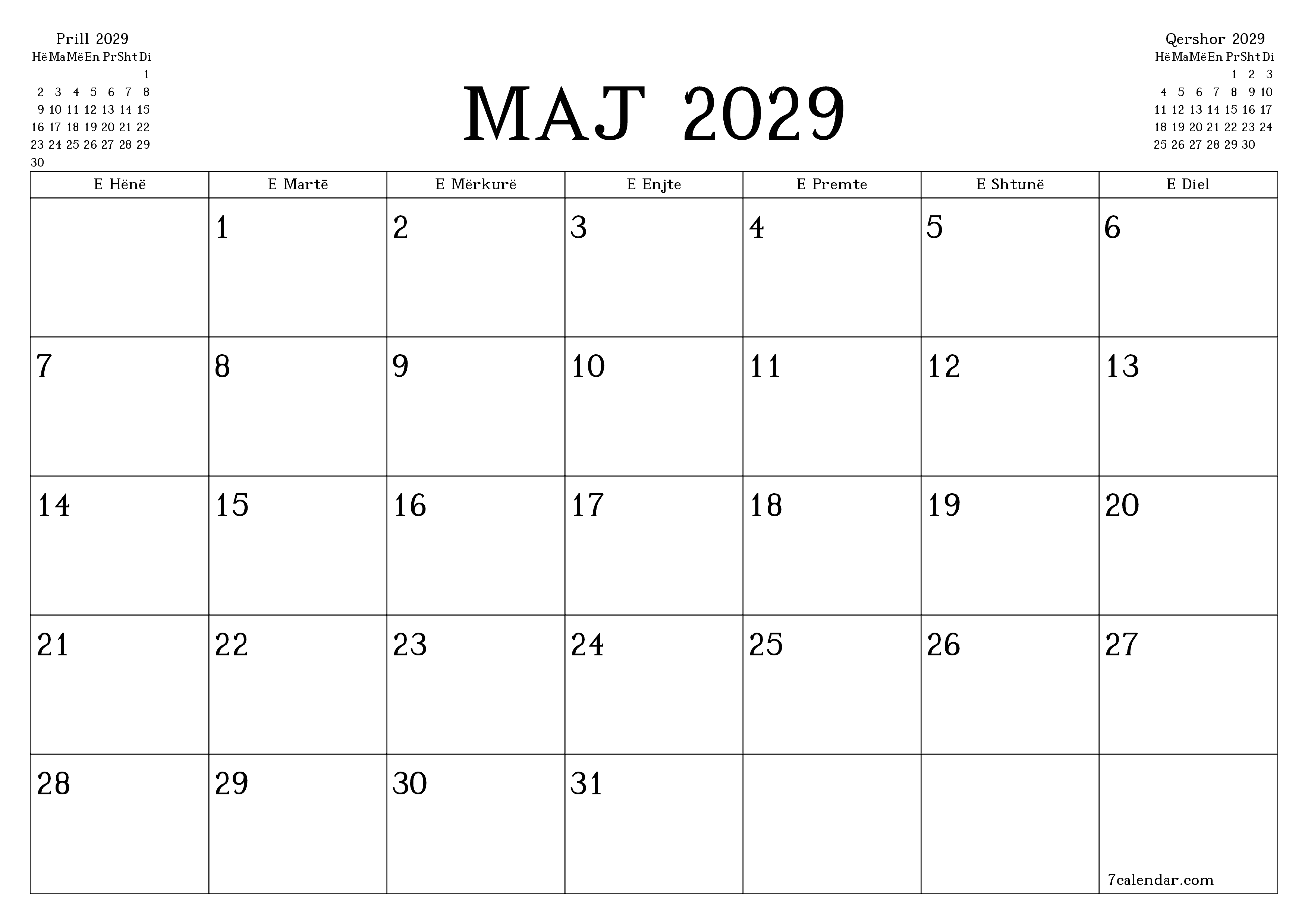 Planifikuesi i zbrazët i kalendarit mujor për muajin Maj 2029 me shënime të ruajtura dhe të printuara në PDF PNG Albanian