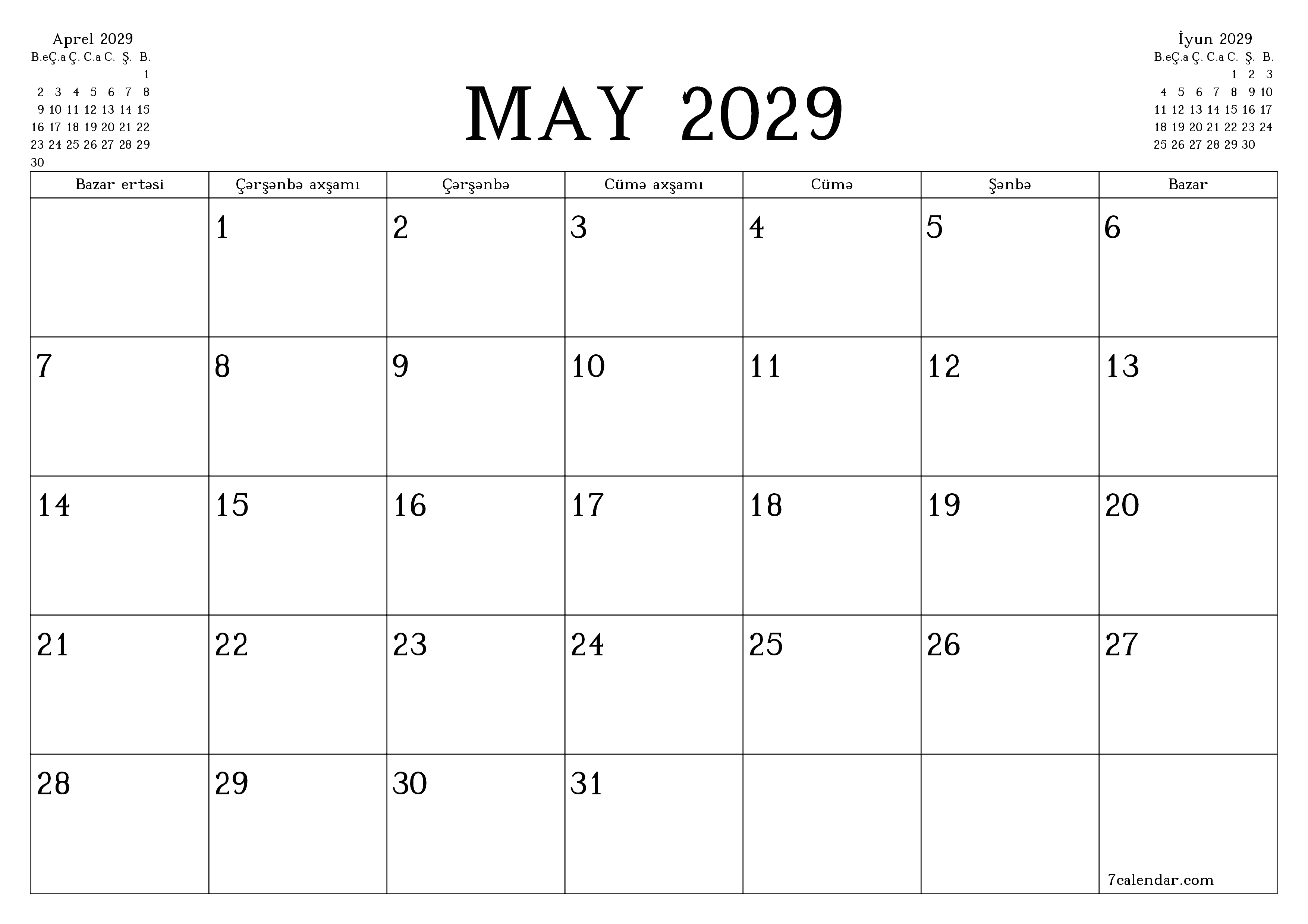 May 2029 ayı üçün qeydlər ilə boş aylıq planlayıcı, qeyd edin və PDF-ə yazdırın PNG Azerbaijani