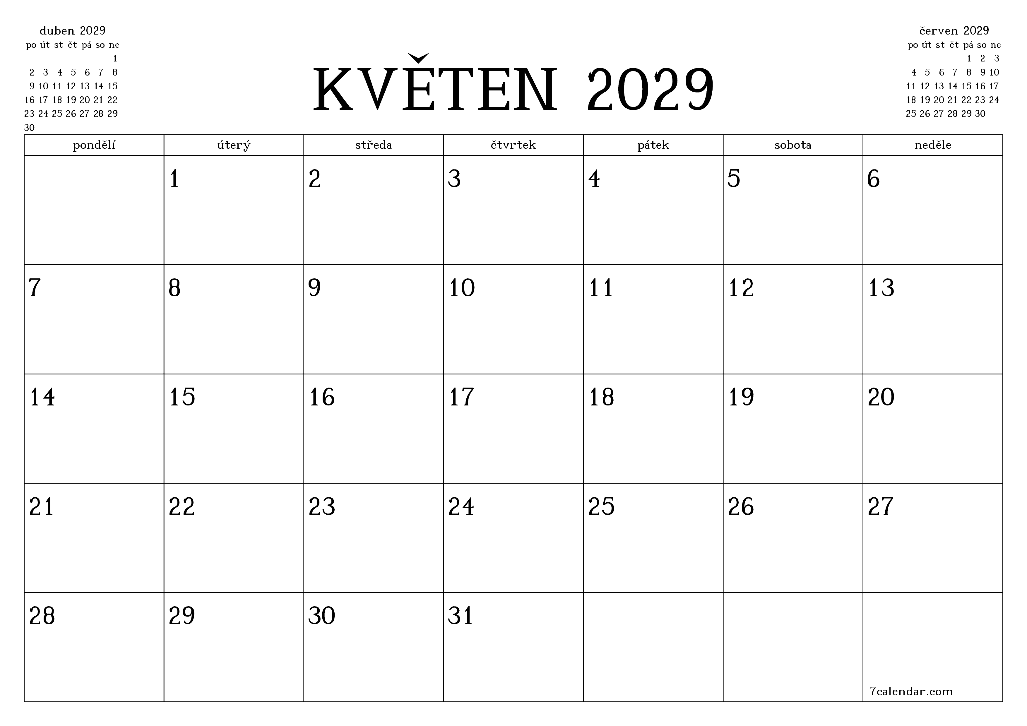 Vyprázdnit měsíční plánovač na měsíc květen 2029 s poznámkami, uložit a vytisknout do PDF PNG Czech