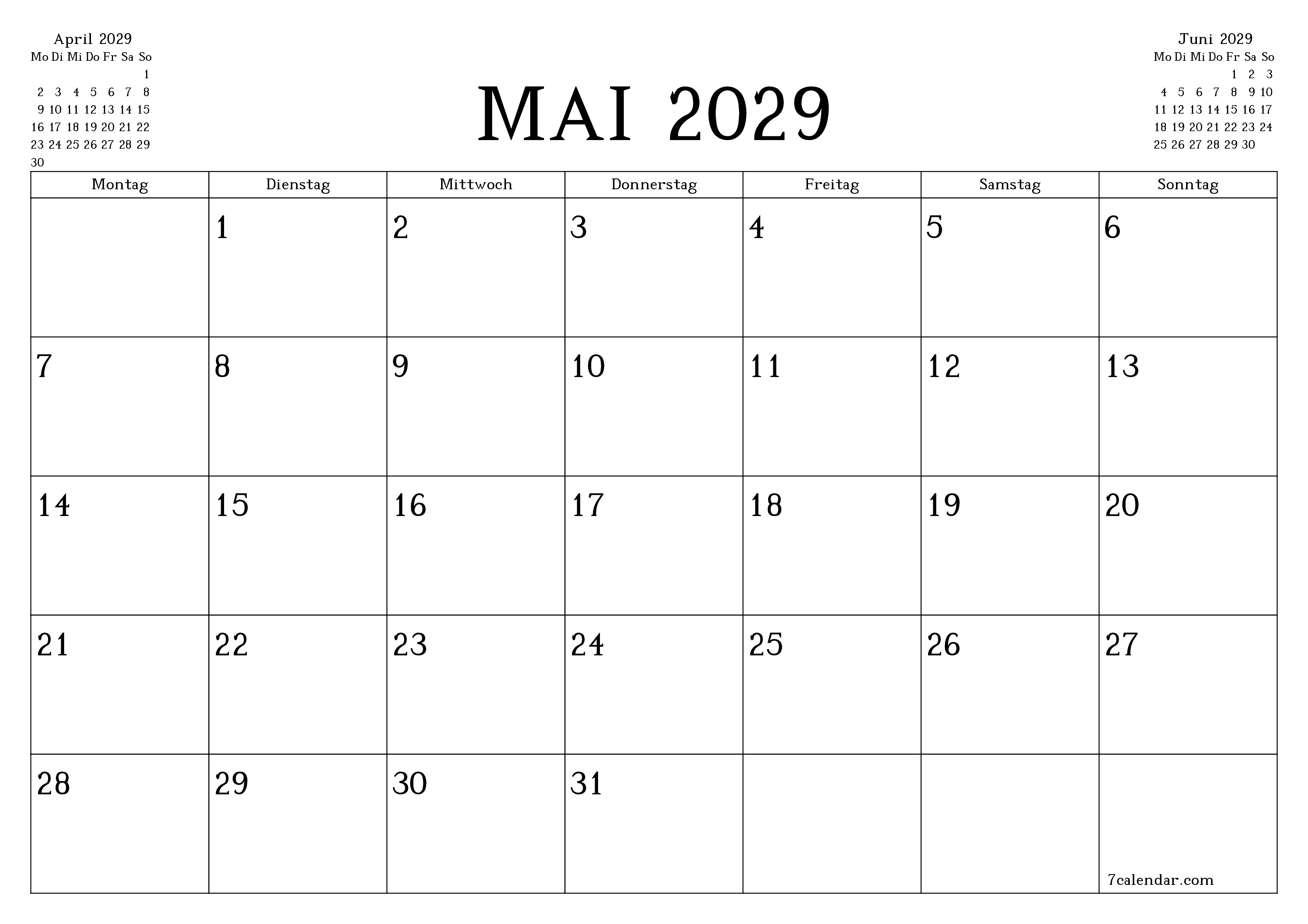 Monatsplaner für Monat Mai 2029 mit Notizen leeren, speichern und als PDF PNG German - 7calendar.com drucken