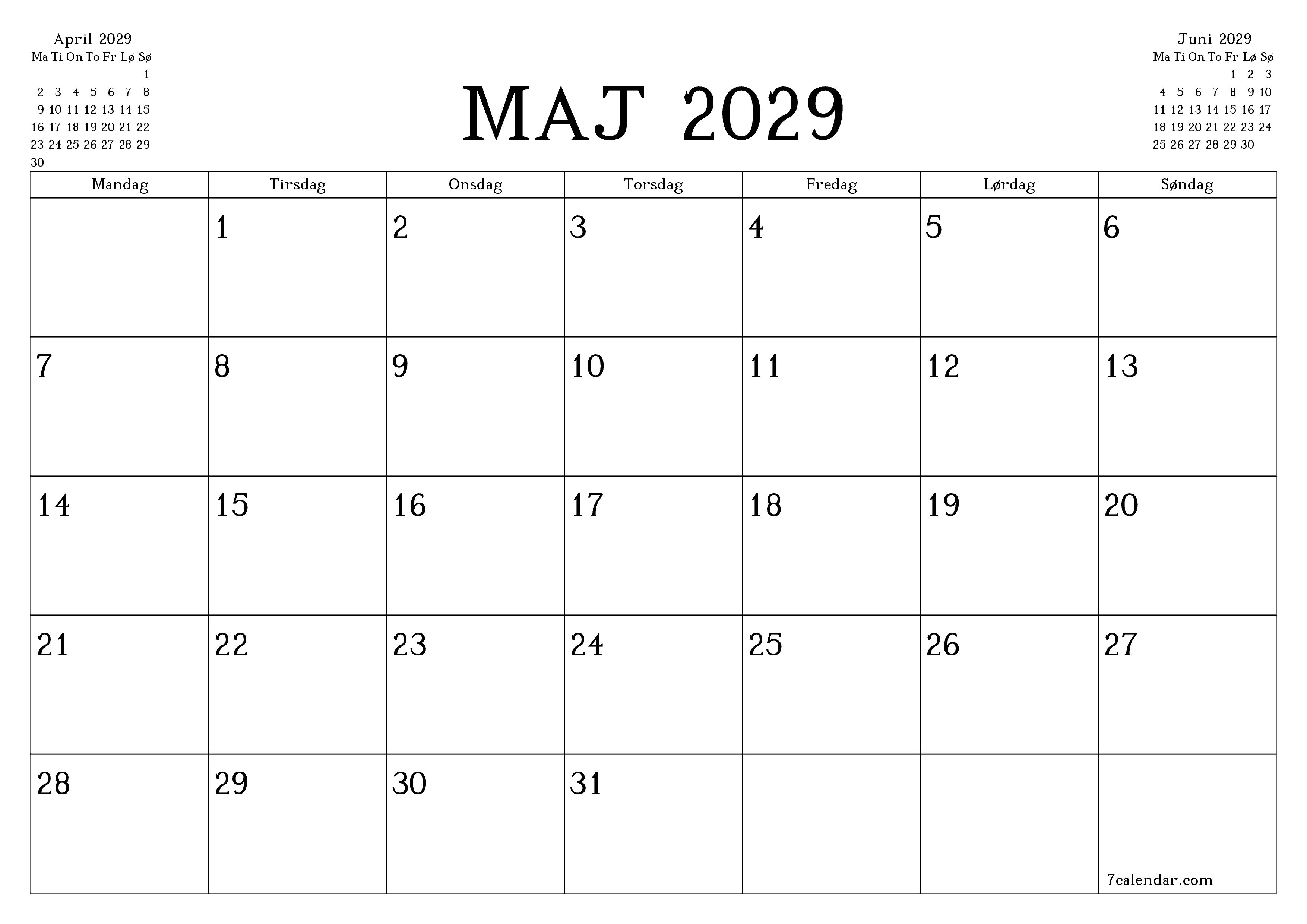 Tom månedlig planlægning for måned Maj 2029 med noter, gem og udskriv til PDF PNG Danish