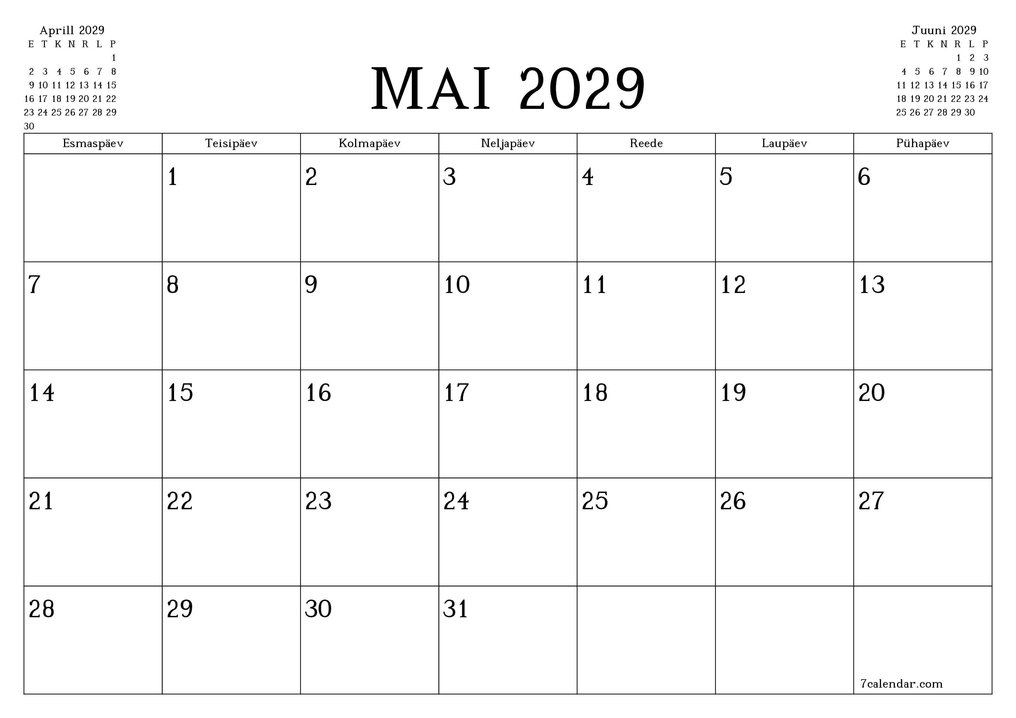 Tühjendage kuu Mai 2029 kuuplaneerija märkmetega, salvestage ja printige PDF-i PNG Estonian