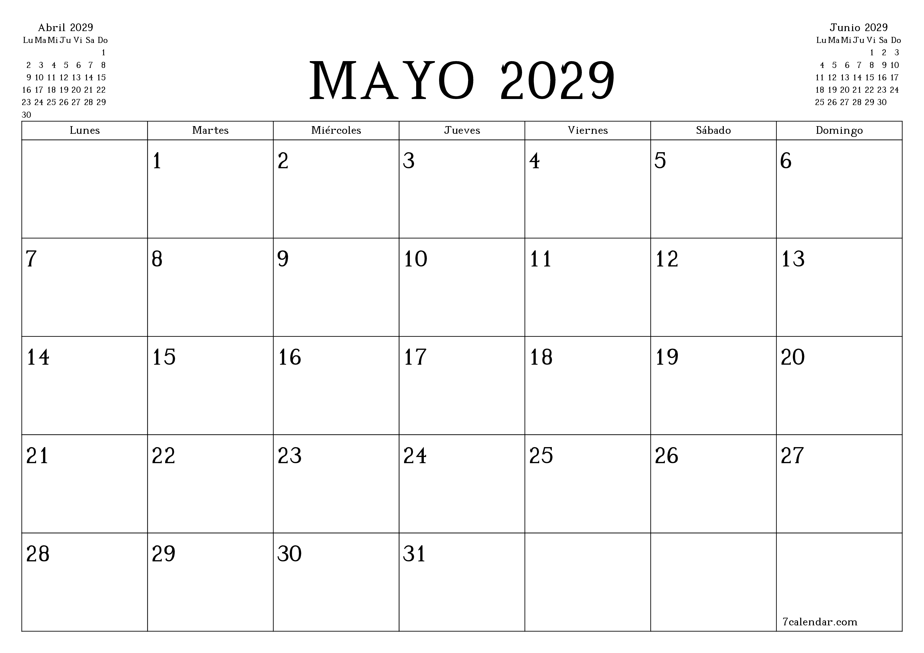 Planificador mensual vacío para el mes Mayo 2029 con notas, guardar e imprimir en PDF PNG Spanish