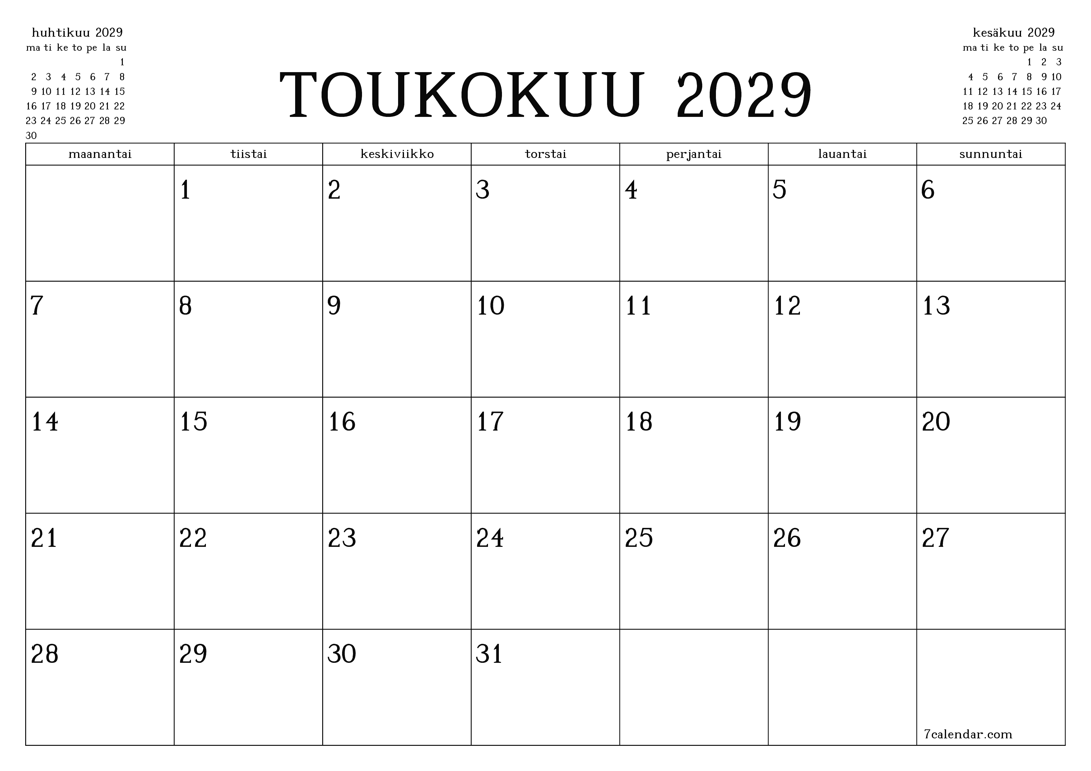 Tyhjennä kuukausittainen suunnittelija kuukaudelle Toukokuu 2029 muistiinpanoilla, tallenna ja tulosta PDF-muotoon PNG Finnish