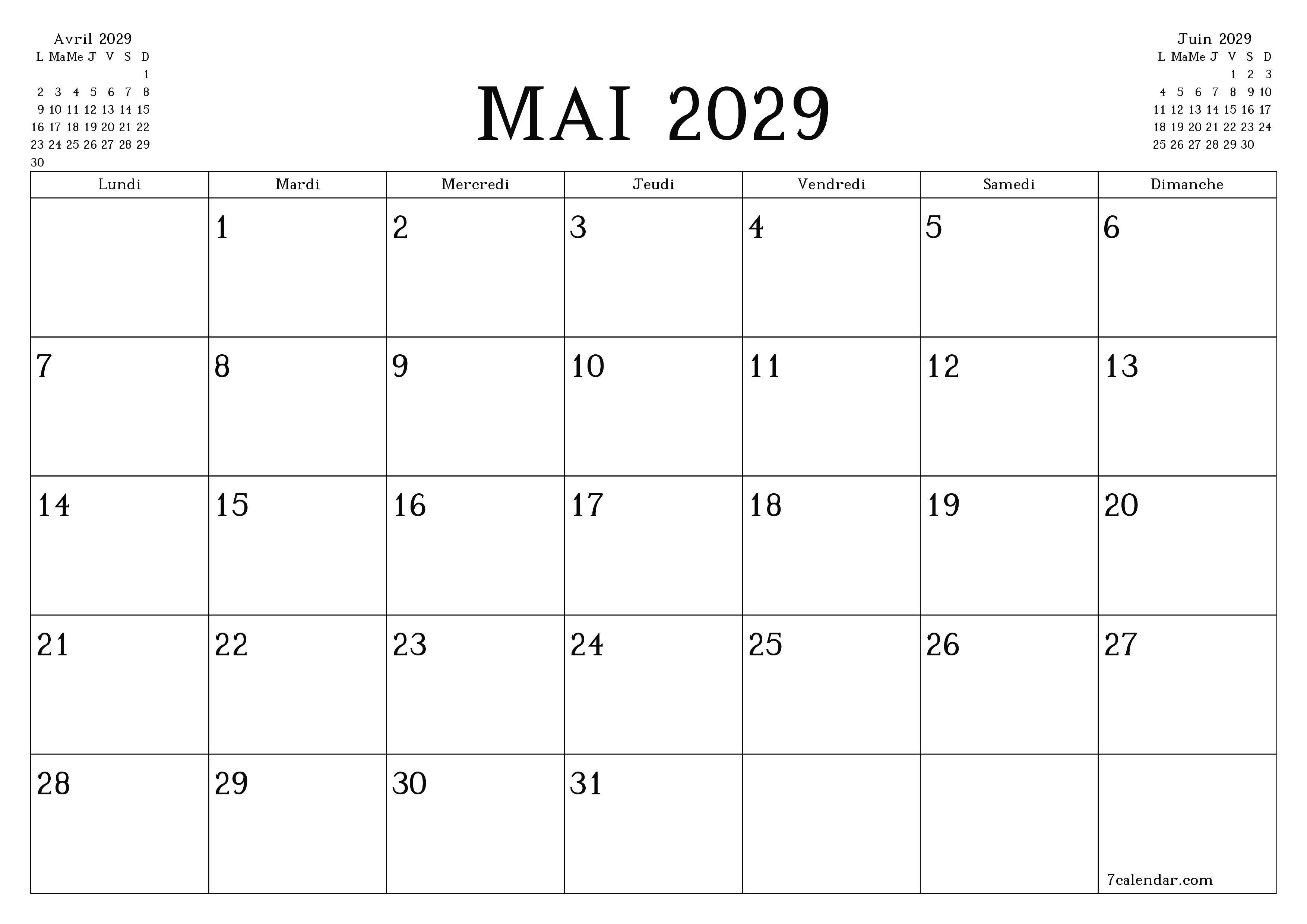 Agenda mensuel vide pour le mois Mai 2029 avec notes, enregistrez et imprimez au format PDF PNG French