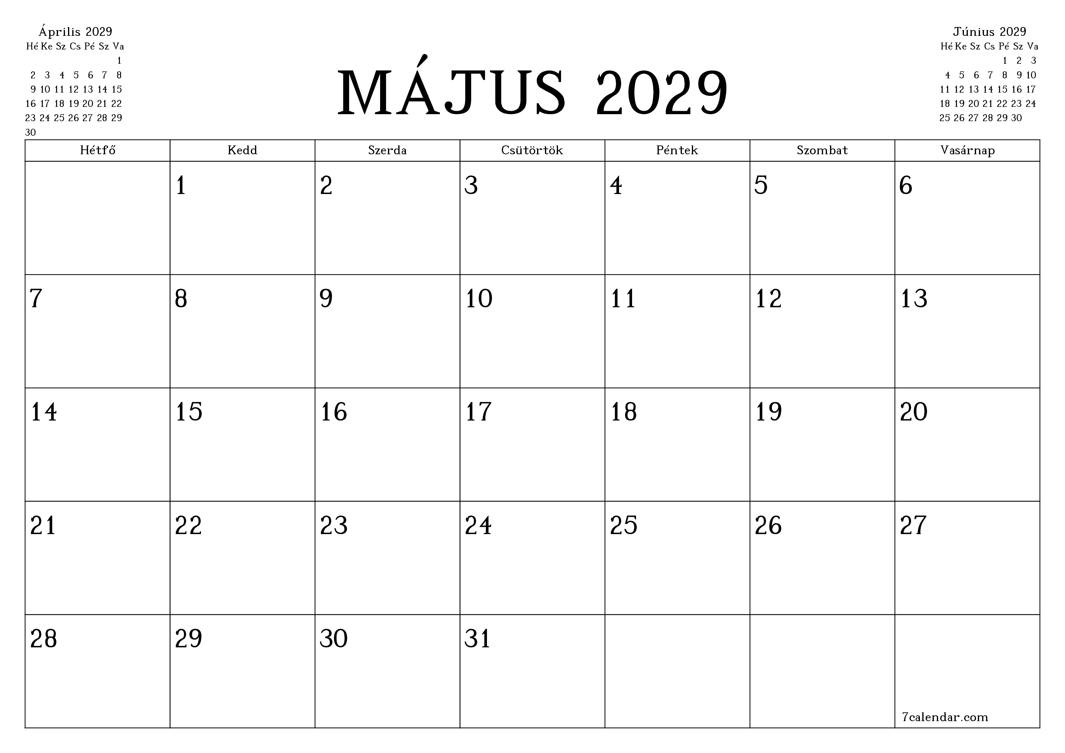 Üres havi tervező a Május 2029 hónapra jegyzetekkel, mentés és nyomtatás PDF-be PNG Hungarian