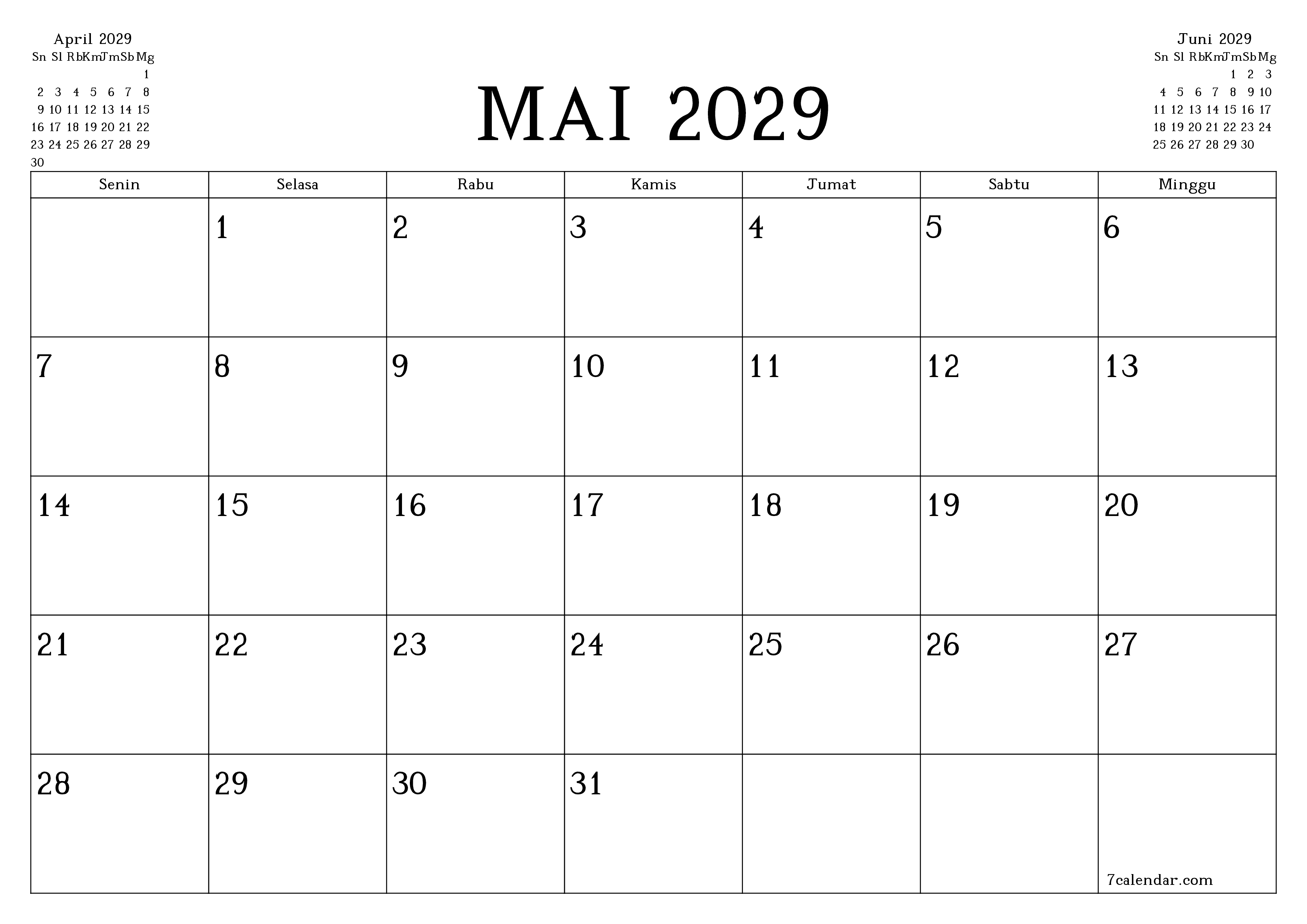 Kosongkan agenda bulanan untuk bulan Mai 2029 dengan catatan, simpan dan cetak ke PDF PNG Indonesian