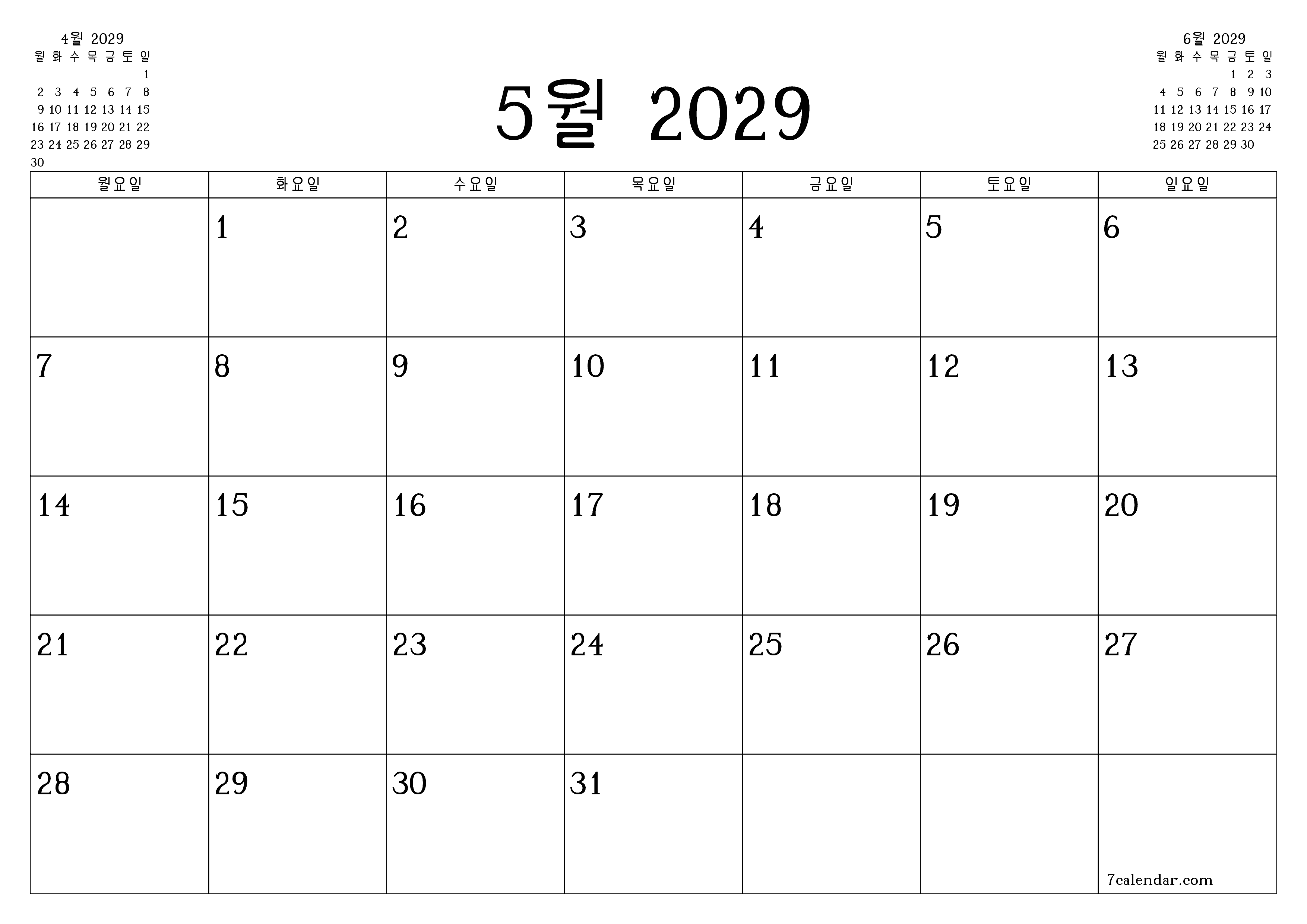 메모가있는 5월 2029 월의 월간 플래너 비우기, PDF PNG Korean-7calendar.com으로 저장 및 인쇄