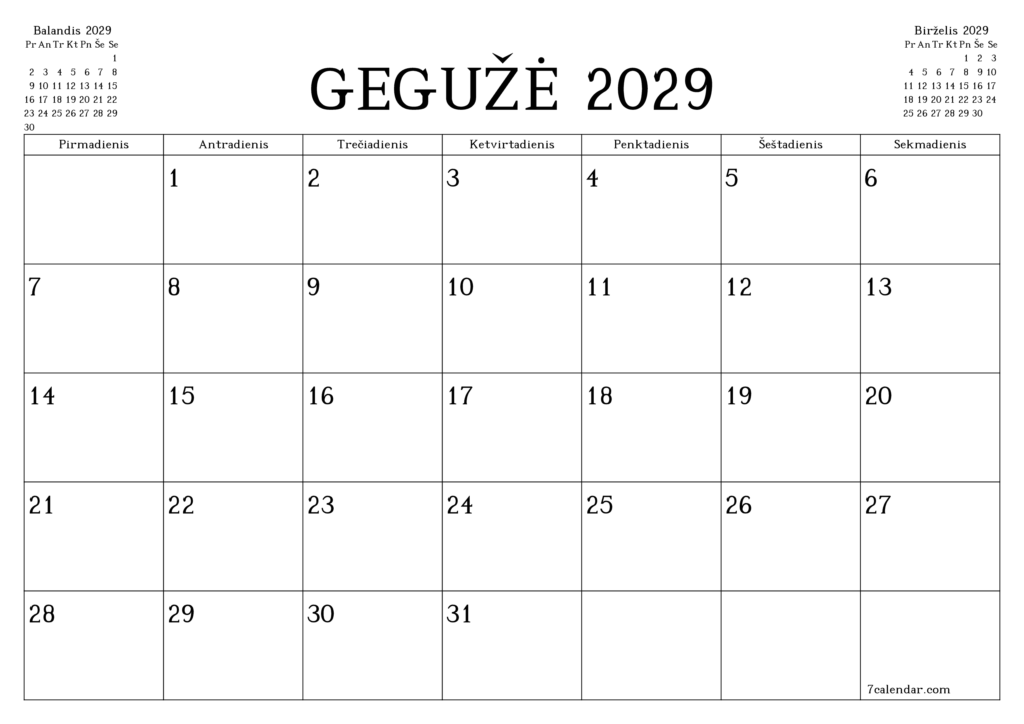 Ištuštinti mėnesio Gegužė 2029 mėnesio planavimo priemonę su užrašais, išsaugoti ir atsispausdinti PDF formate PNG Lithuanian