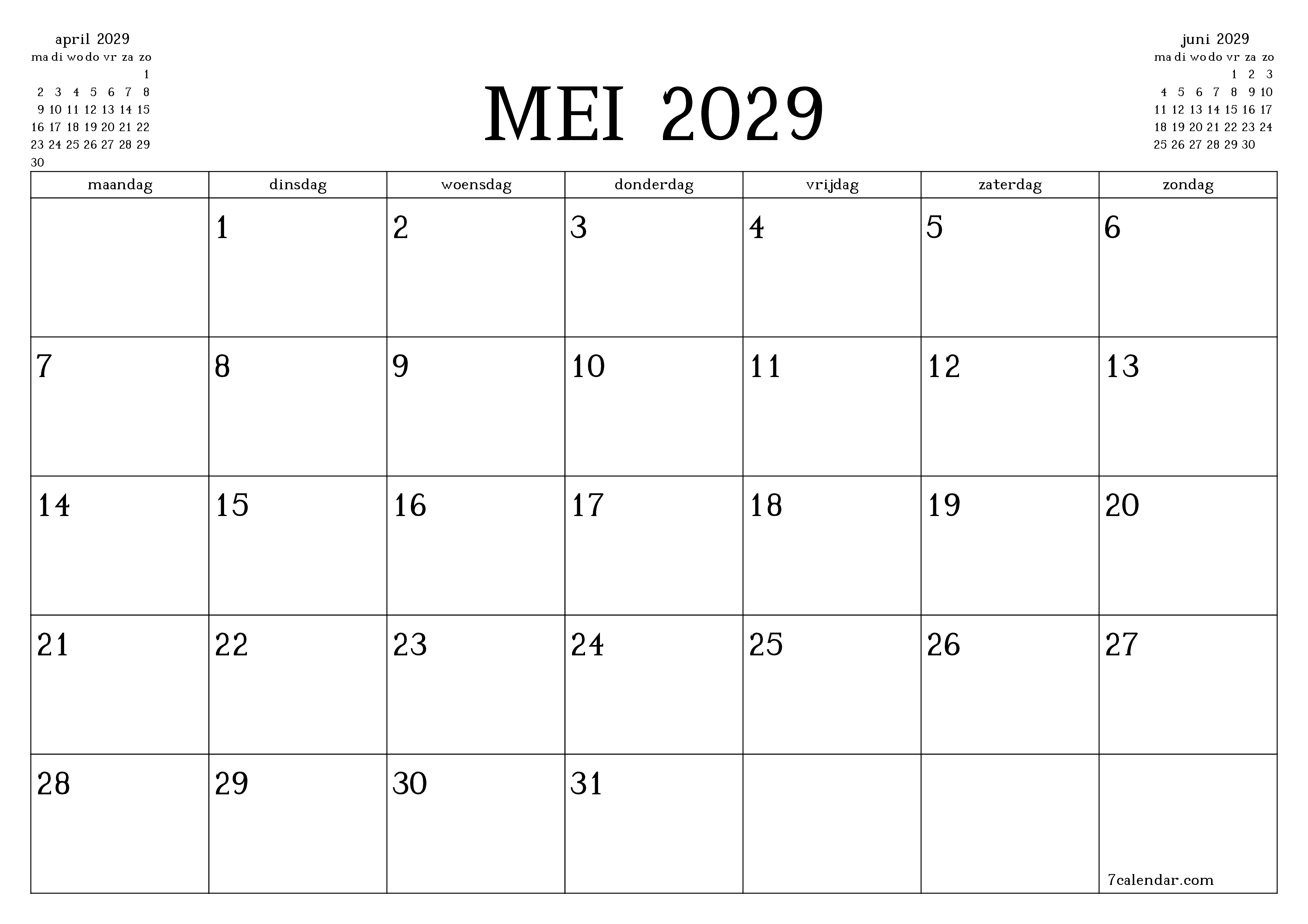 Lege maandplanner voor maand mei 2029 met notities, opslaan en afdrukken naar pdf PNG Dutch