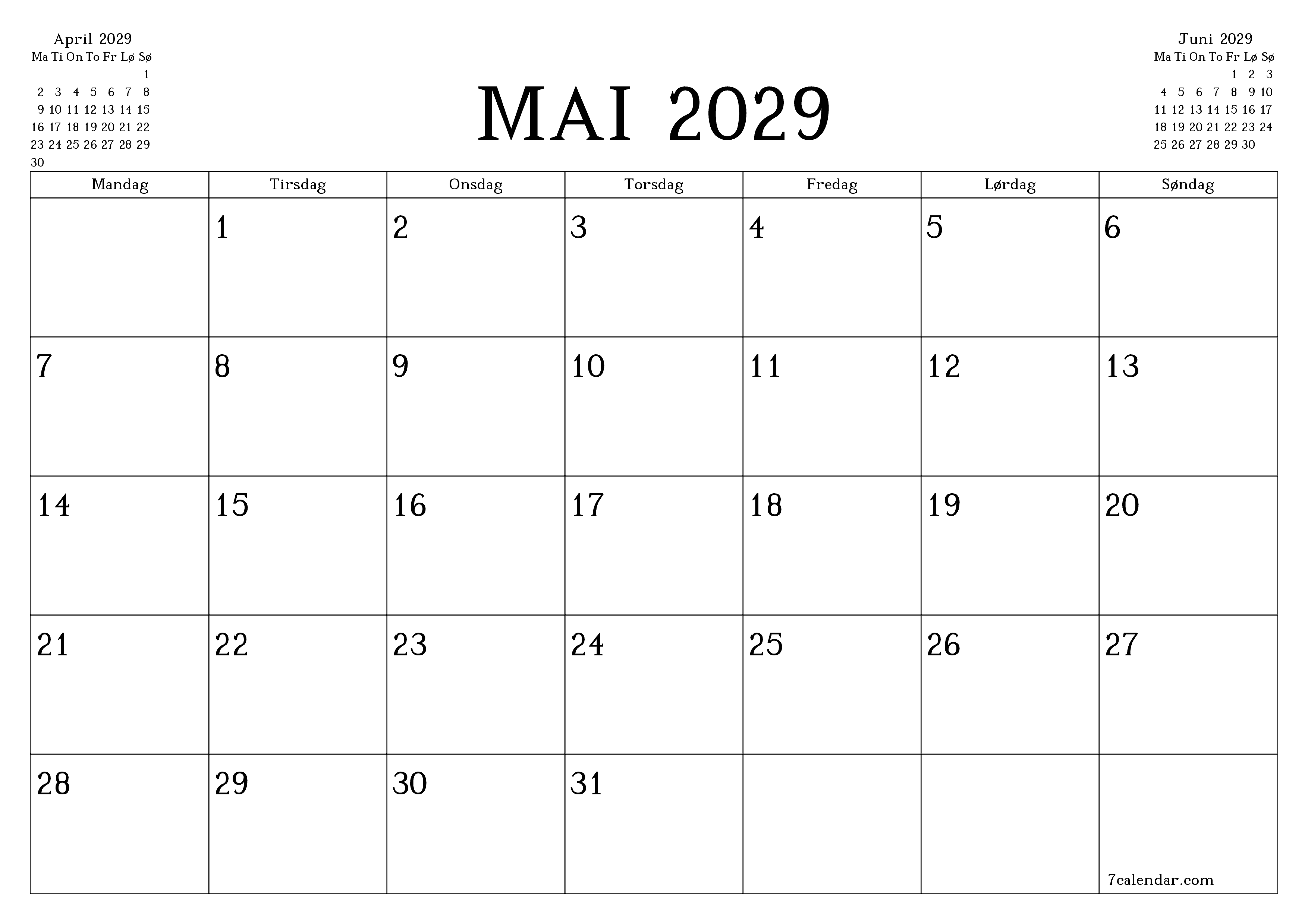 Tom månedlig planlegger for måned Mai 2029 med notater, lagre og skriv ut til PDF PNG Norwegian