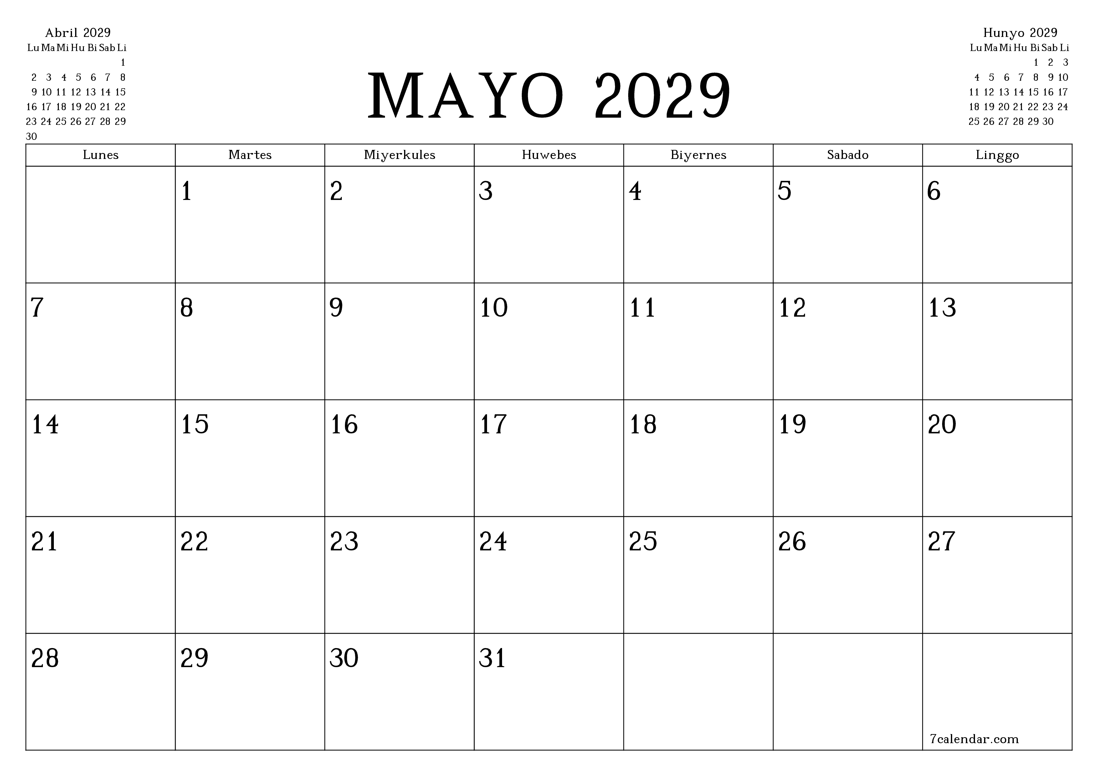 Walang laman na buwanang tagaplano para sa buwan na Mayo 2029 na may mga tala, i-save at i-print sa PDF PNG Filipino