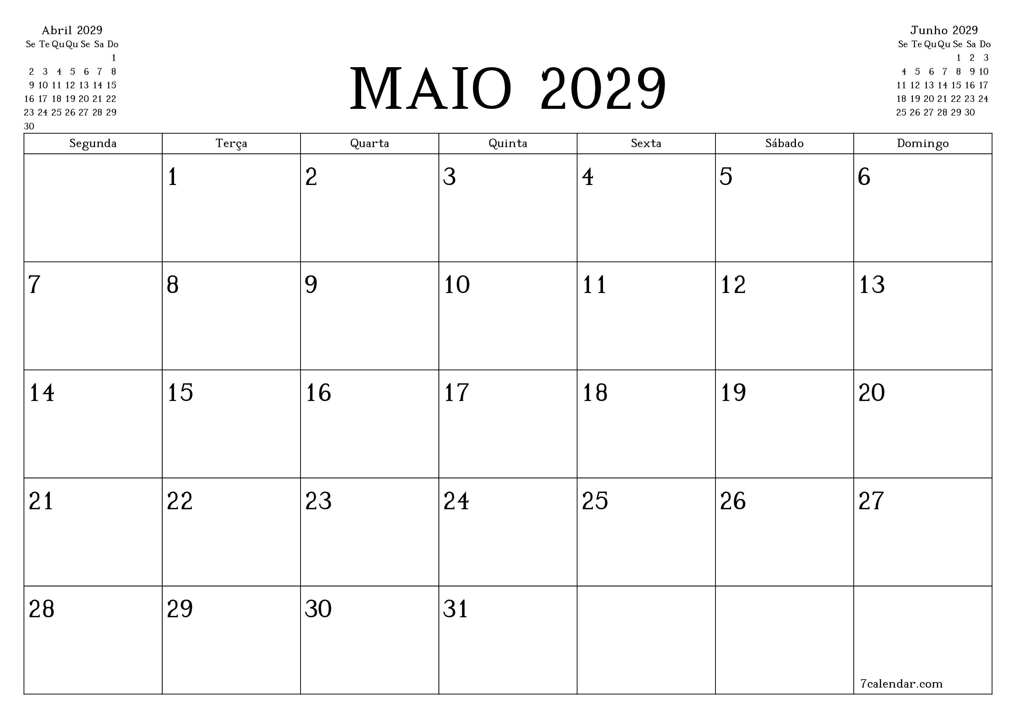 Esvazie o planejador mensal para o mês Maio 2029 com notas, salve e imprima em PDF PNG Portuguese