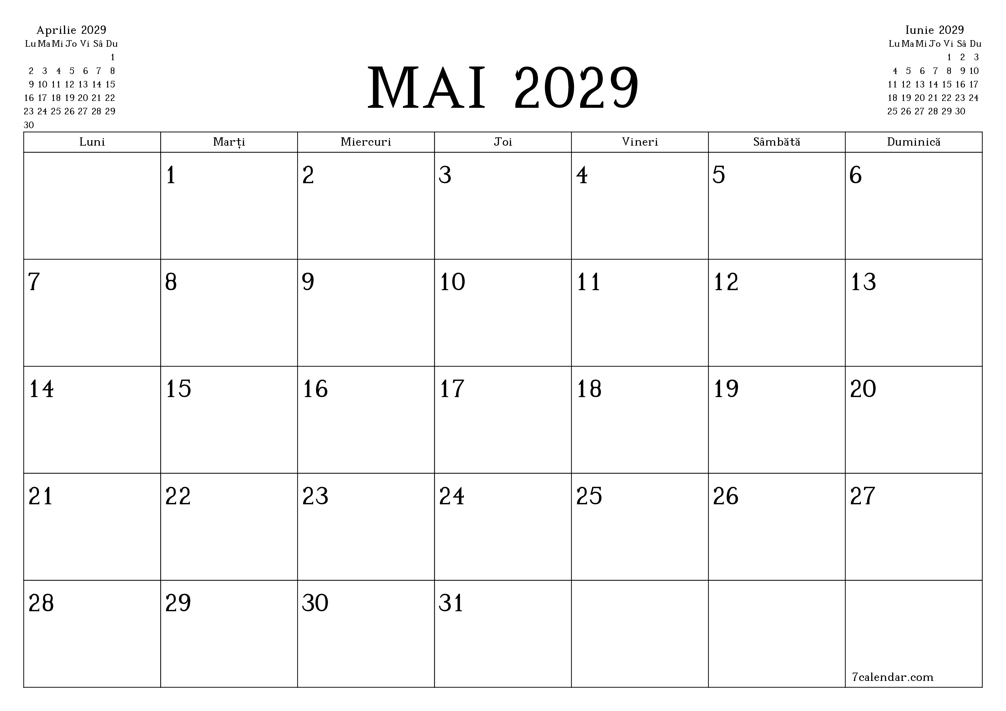 Planificator lunar gol pentru luna Mai 2029 cu note, salvați și tipăriți în PDF PNG Romanian