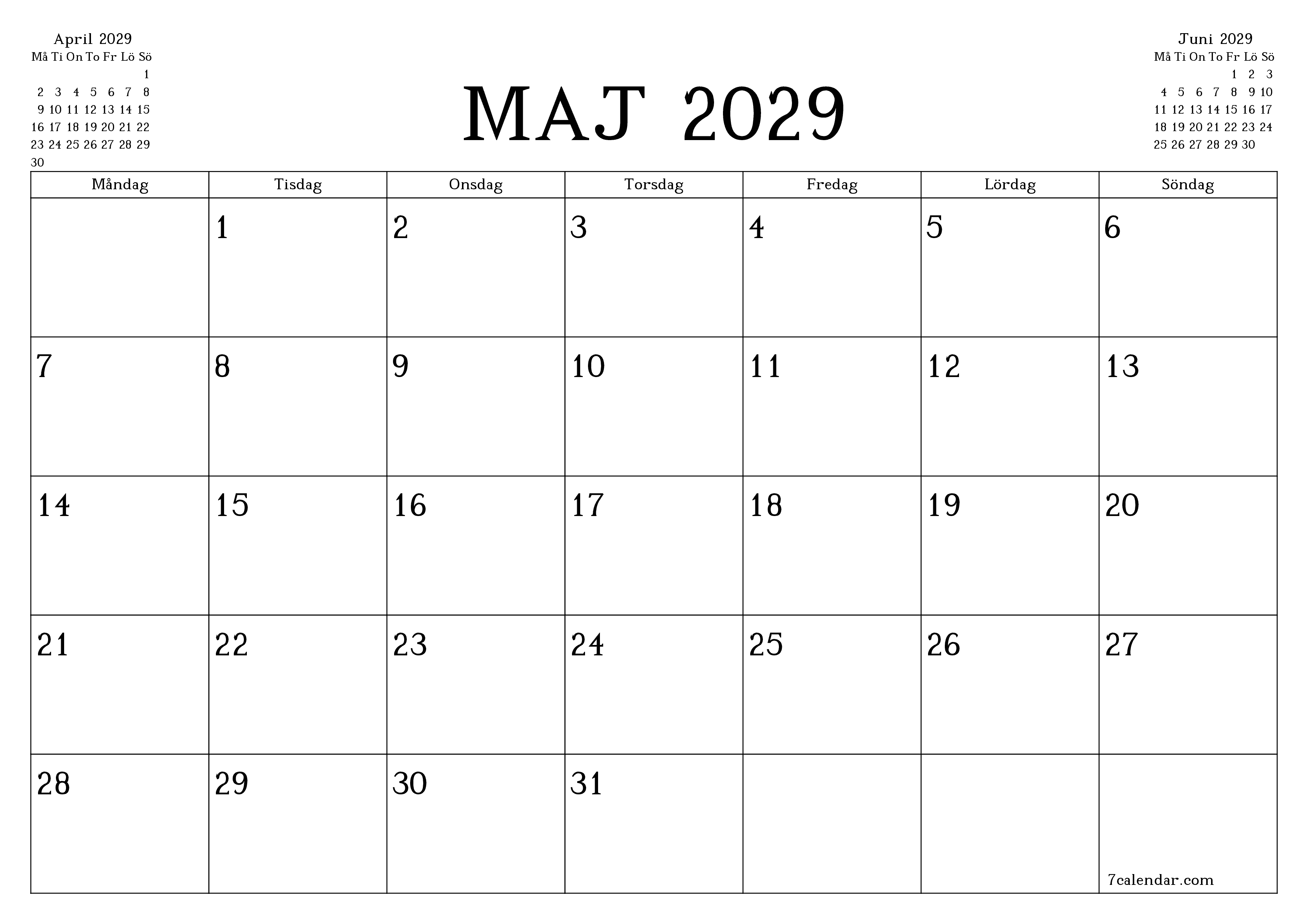 Tom månadsplanerare för månad Maj 2029 med anteckningar, spara och skriv ut till PDF PNG Swedish