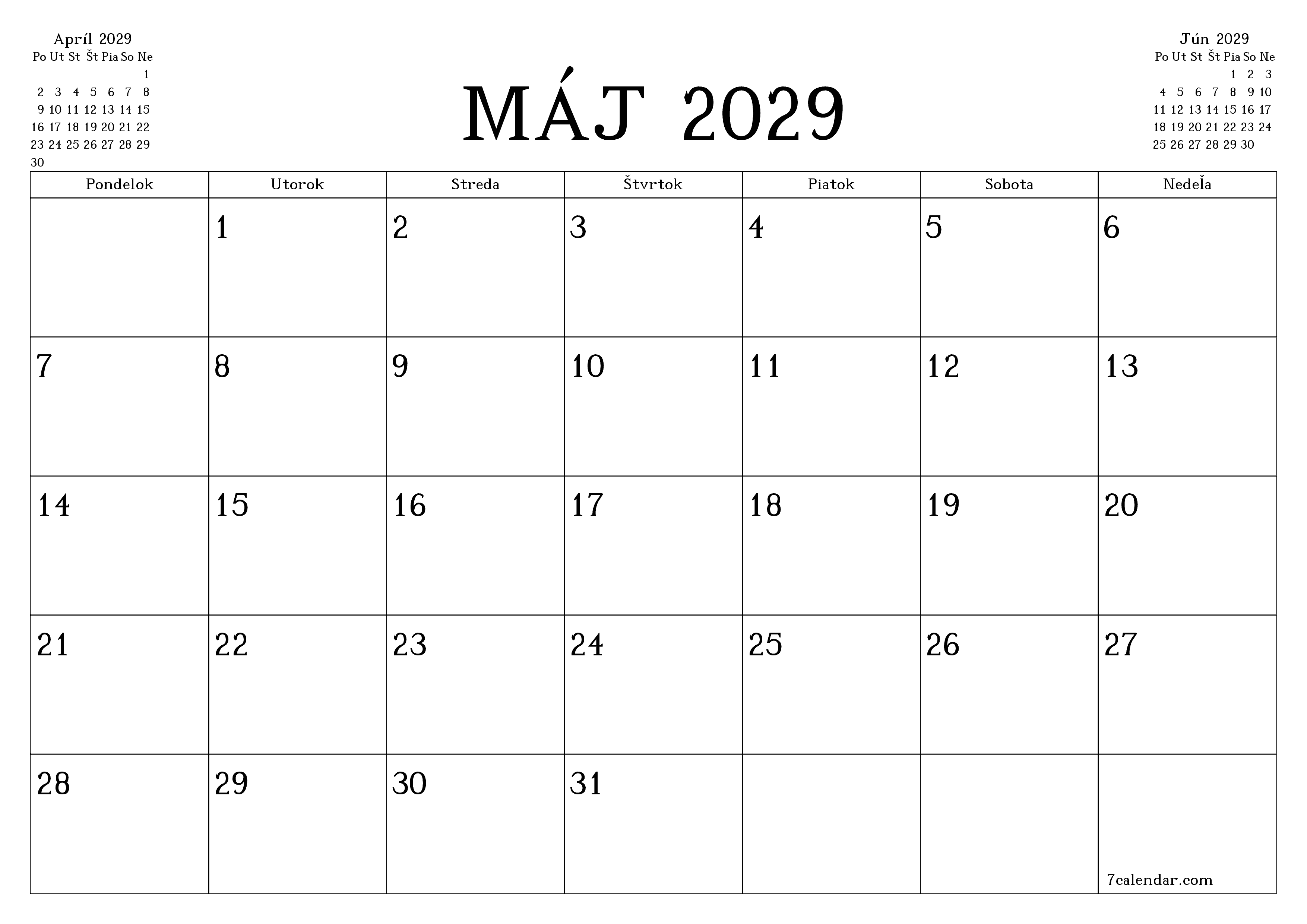 Prázdny mesačný plánovač na mesiac Máj 2029 s poznámkami, uloženie a tlač do PDF PNG Slovak
